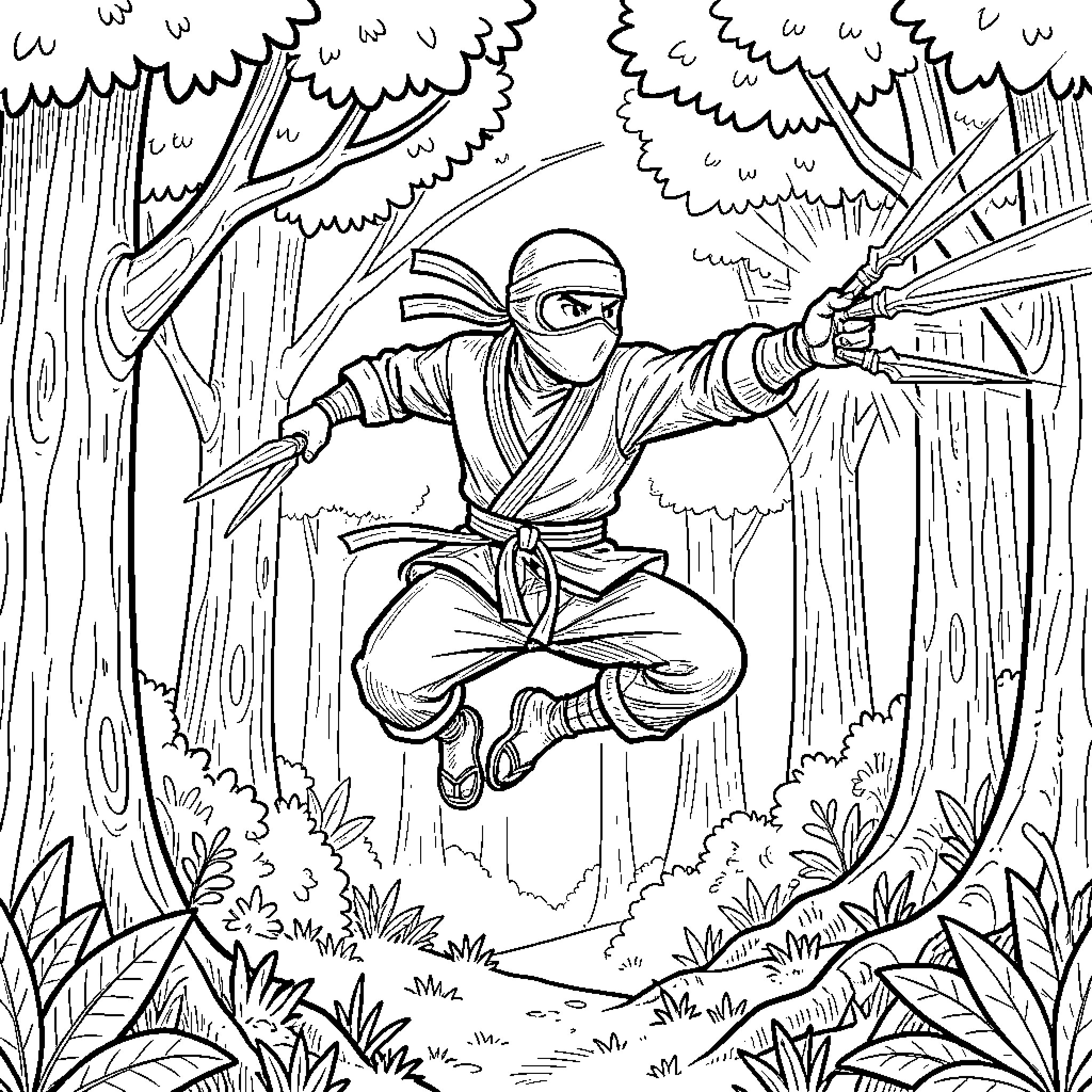 Ninja Warrior Leaping Through the Enchanted Forest Coloring Page (free black-and-white line drawing printable PDF for all, from beginners to advanced learners, including children, teens, adults, and seniors)