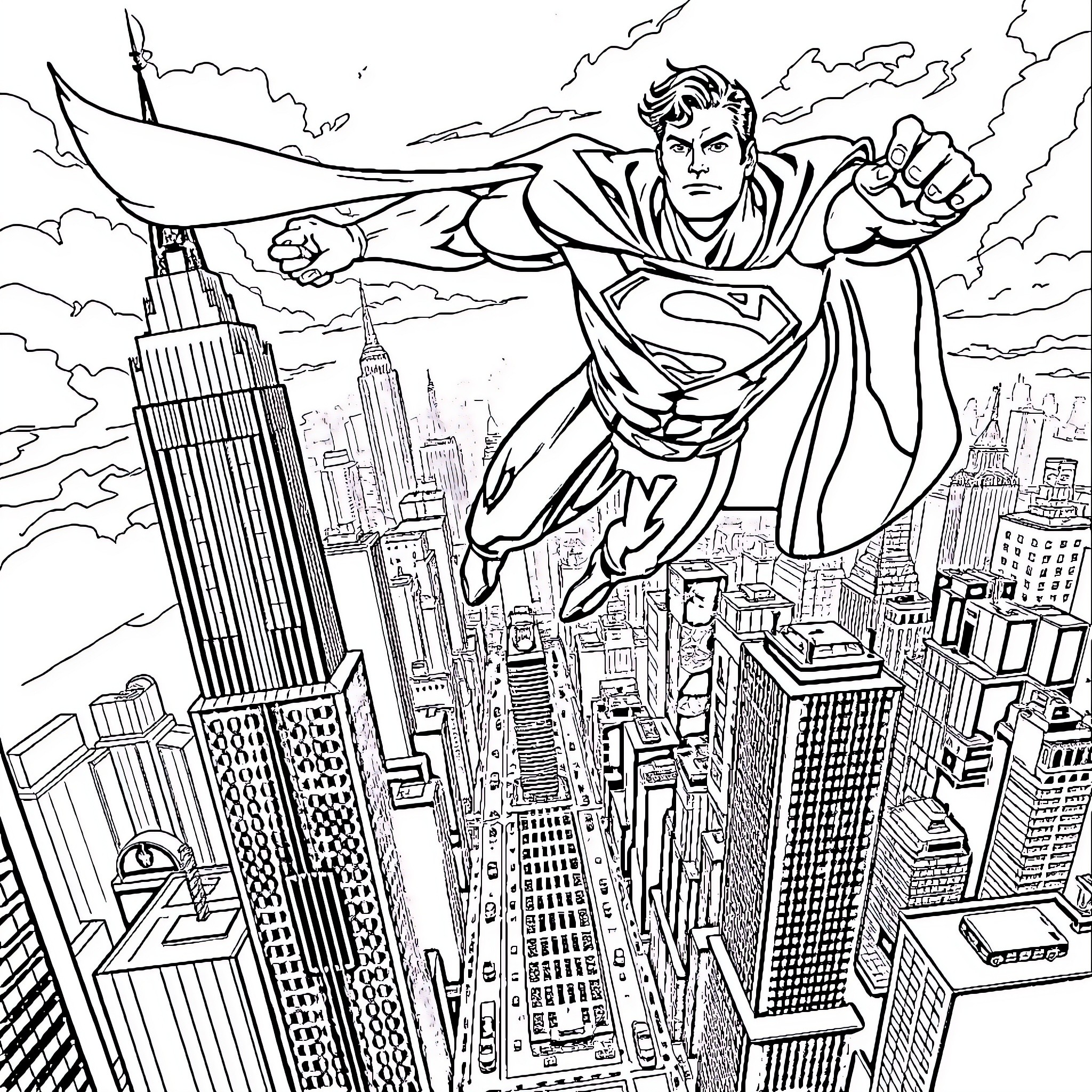 Superman soaring over the city skyline Coloring Page (free black-and-white line drawing printable PDF for all, from beginners to advanced learners, including children, teens, adults, and seniors)