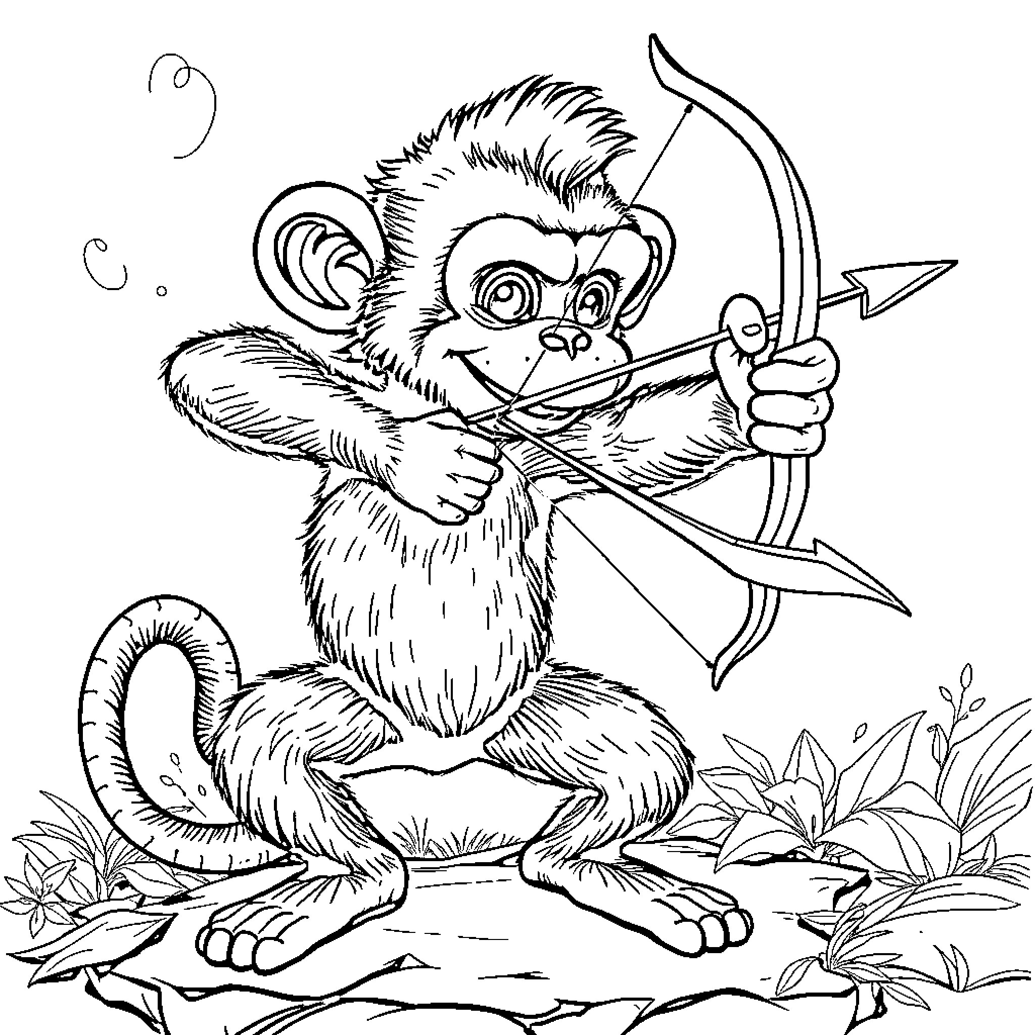 Monkey aiming bow and arrow in the jungle Coloring Page (free black-and-white line drawing printable PDF for all, from beginners to advanced learners, including children, teens, adults, and seniors)