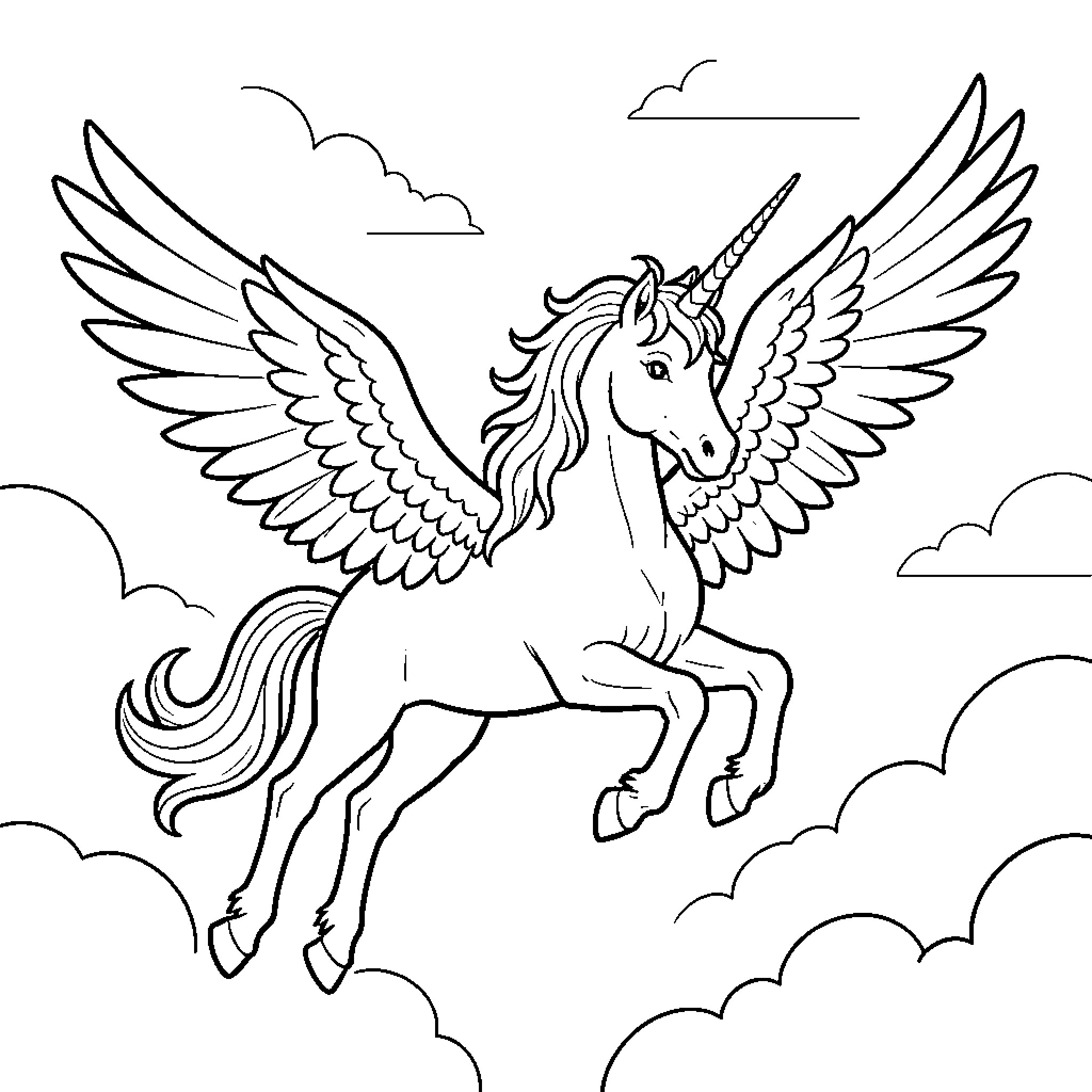 Unicorn flying majestically through the clouds Coloring Page (free black-and-white line drawing printable PDF for all, from beginners to advanced learners, including children, teens, adults, and seniors)