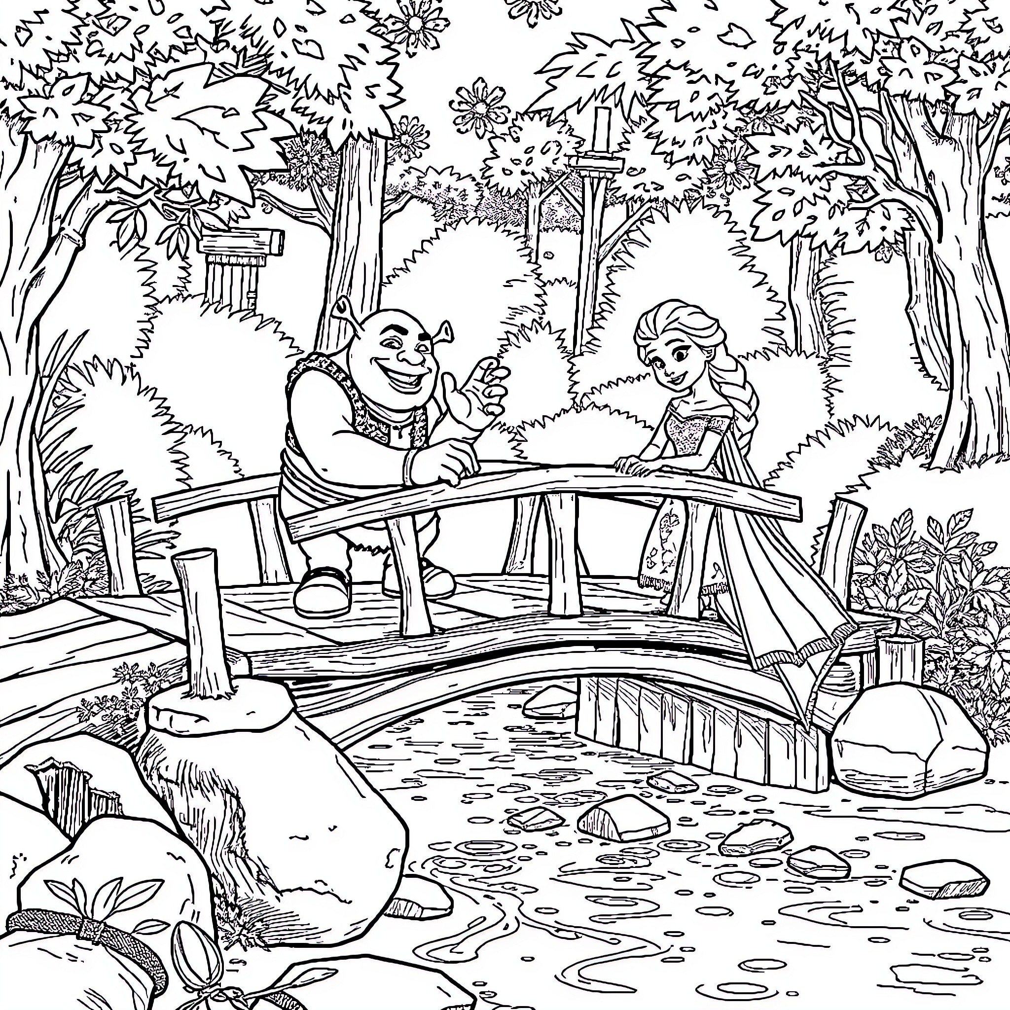 Shrek and Fiona enjoying a peaceful moment on a bridge Coloring Page (free black-and-white line drawing printable PDF for all, from beginners to advanced learners, including children, teens, adults, and seniors)