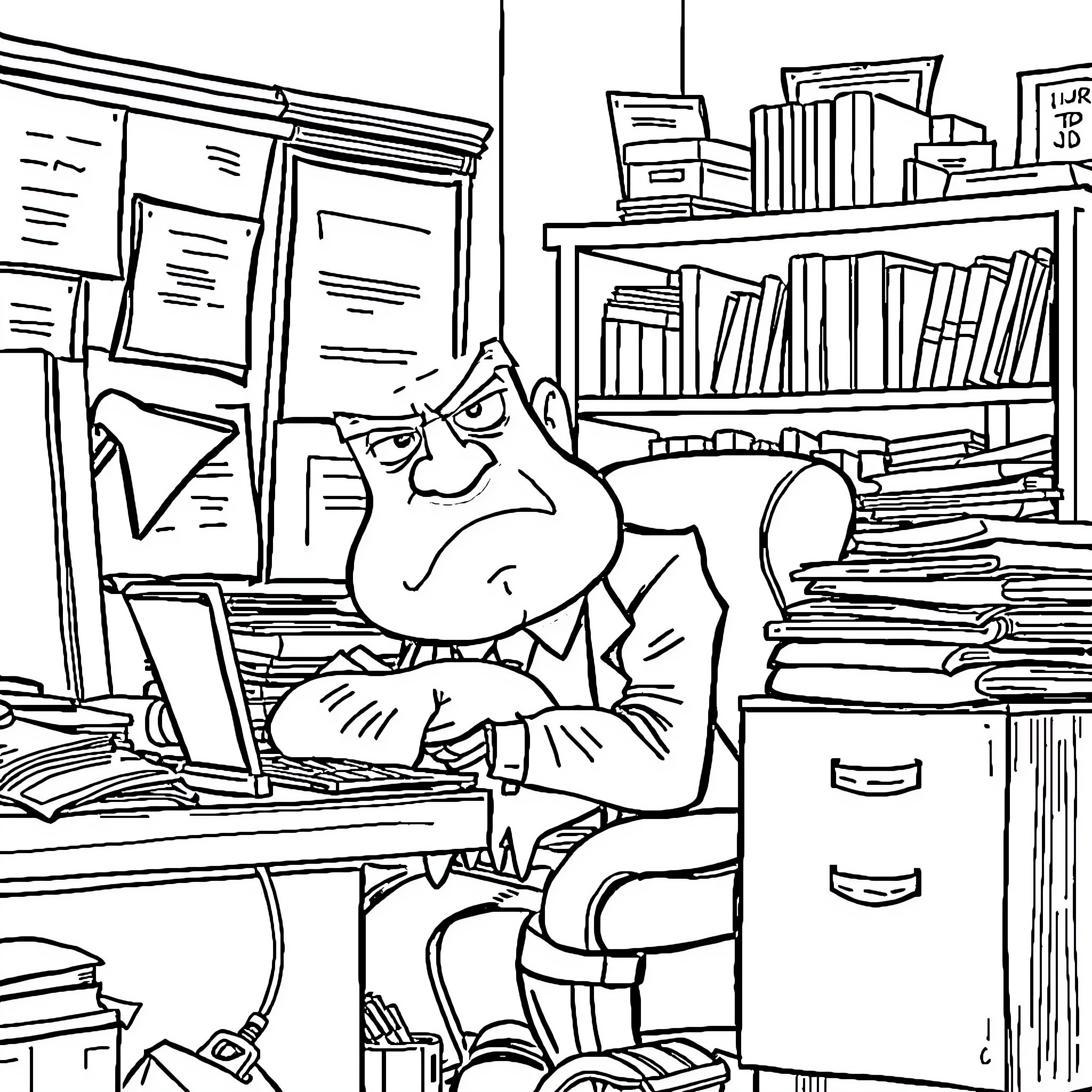 Boss Working Diligently at Cluttered Desk Coloring Page (free black-and-white line drawing printable PDF for all, from beginners to advanced learners, including children, teens, adults, and seniors)