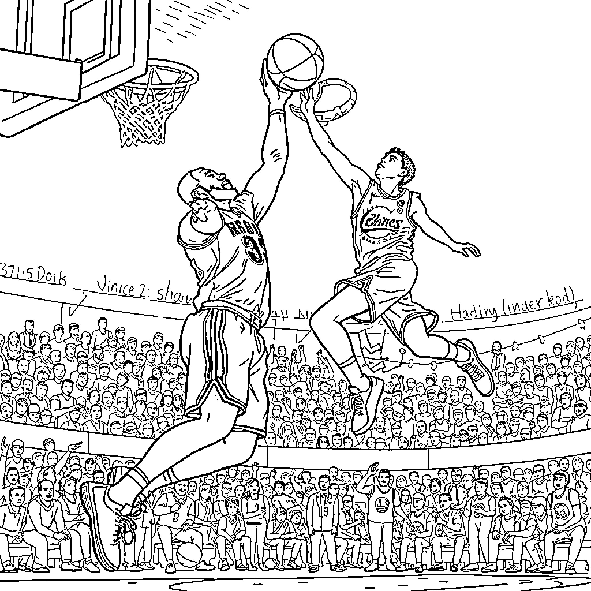 LeBron James Dunking in Intense Basketball Game Coloring Page (free black-and-white line drawing printable PDF for all, from beginners to advanced learners, including children, teens, adults, and seniors)