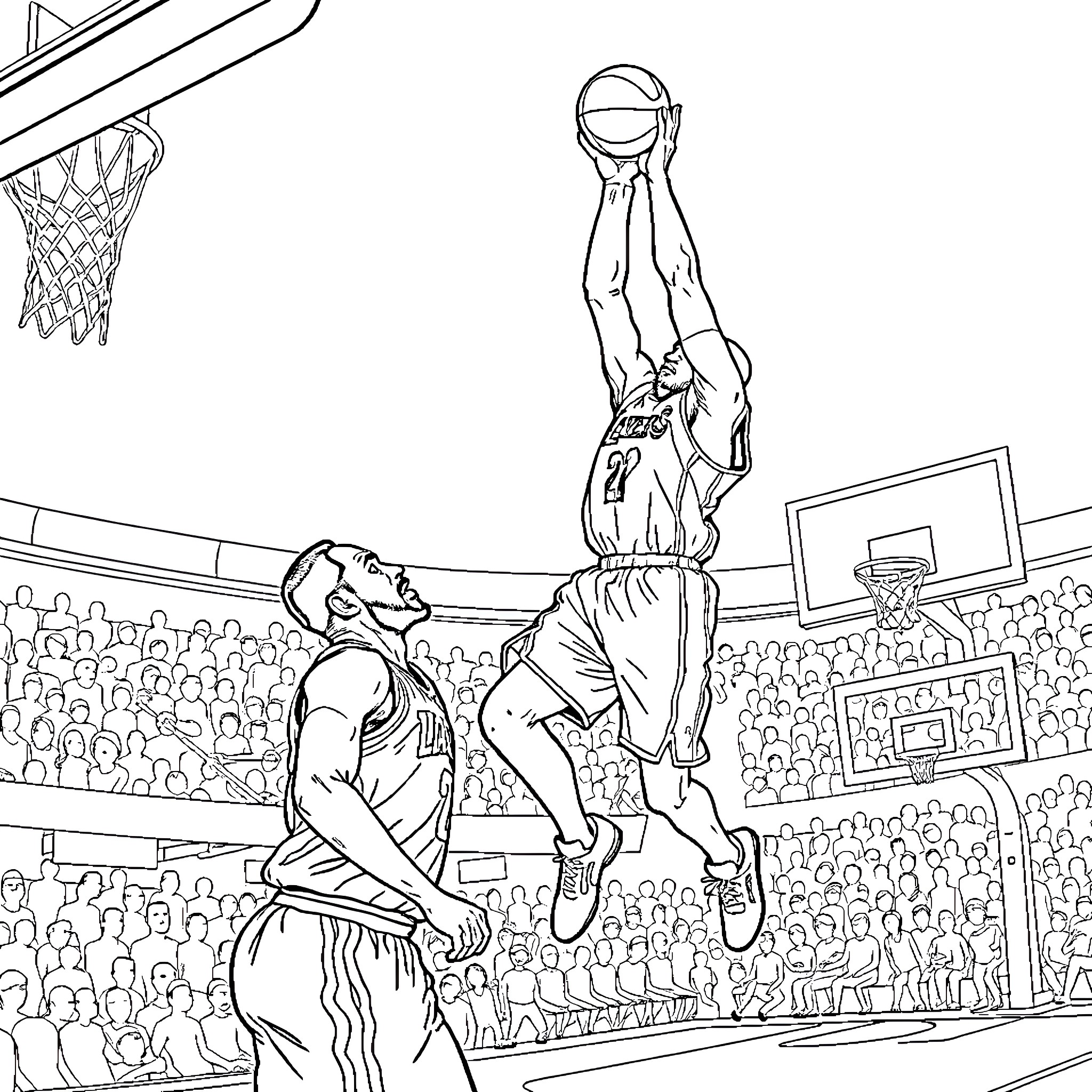 Kobe Bryant's Iconic Basketball Moment Coloring Page (free black-and-white line drawing printable PDF for all, from beginners to advanced learners, including children, teens, adults, and seniors)