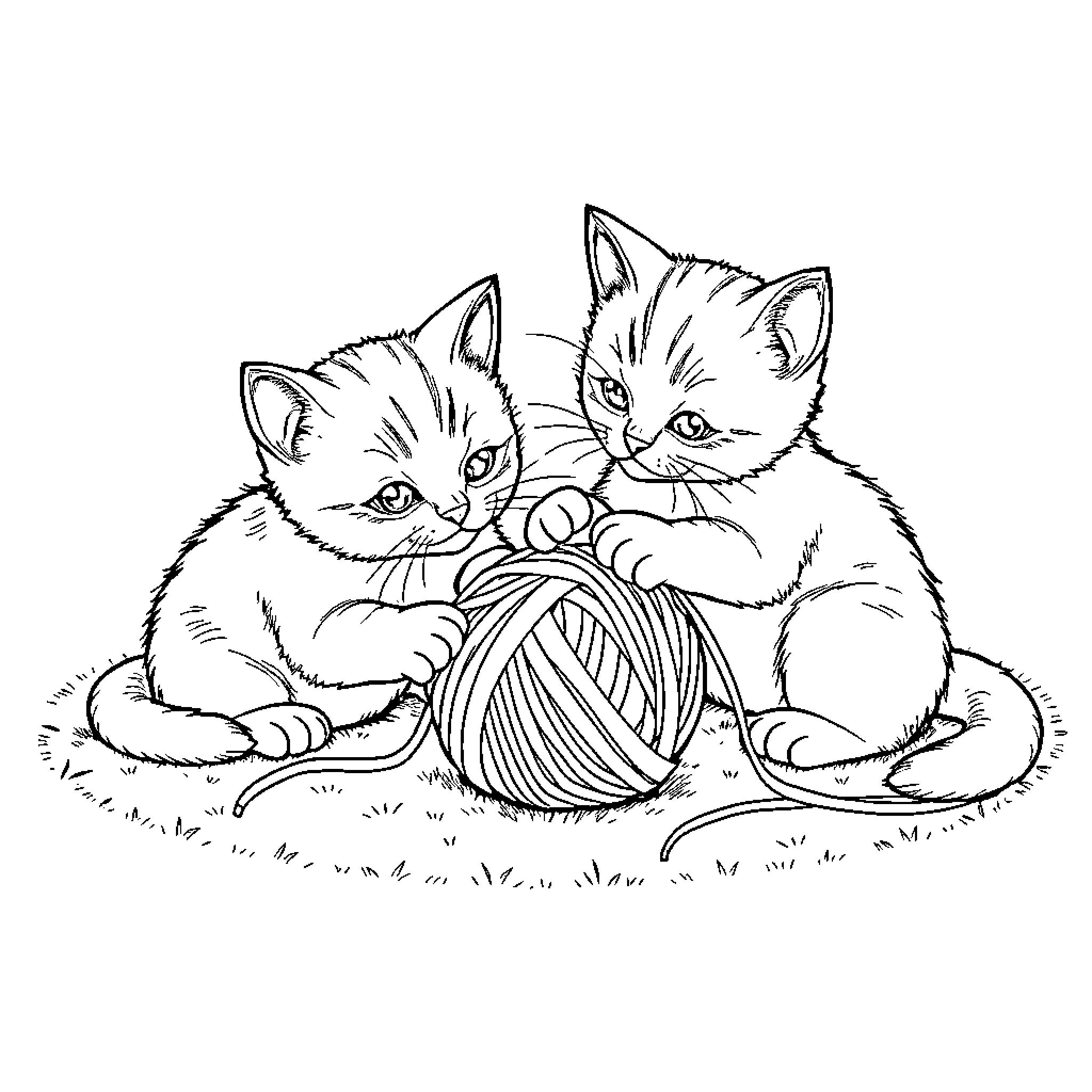 Cats Playing with Ball of Yarn Coloring Page (free black-and-white line drawing printable PDF for all, from beginners to advanced learners, including children, teens, adults, and seniors)