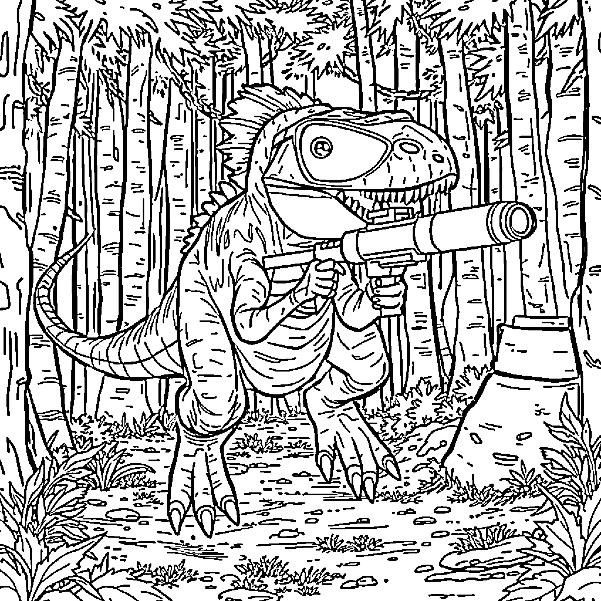 Velociraptor exploring the jungle with a telescope Coloring Page (free black-and-white line drawing printable PDF for all, from beginners to advanced learners, including children, teens, adults, and seniors)