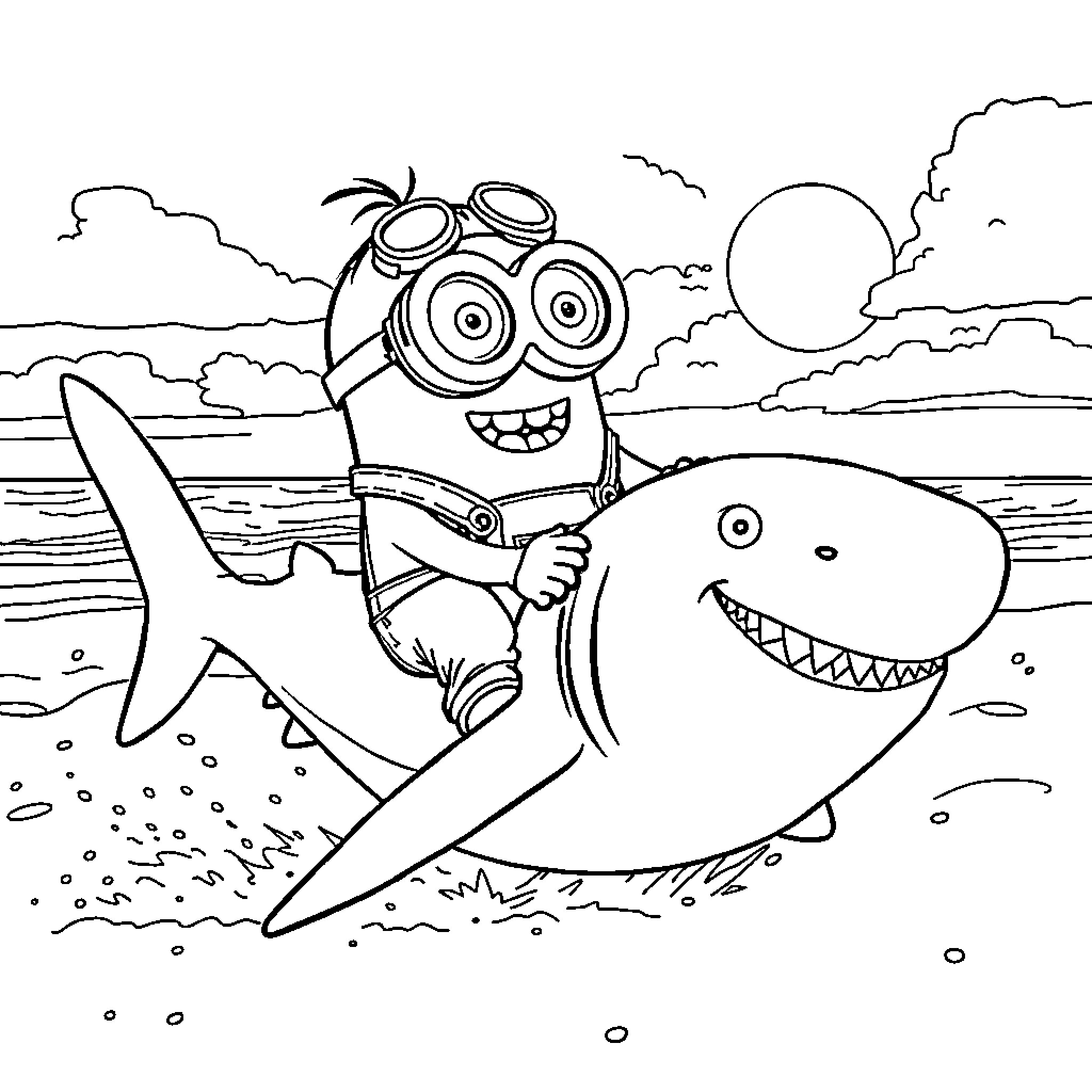 Minion riding a shark in the ocean Coloring Page (free black-and-white line drawing printable PDF for all, from beginners to advanced learners, including children, teens, adults, and seniors)