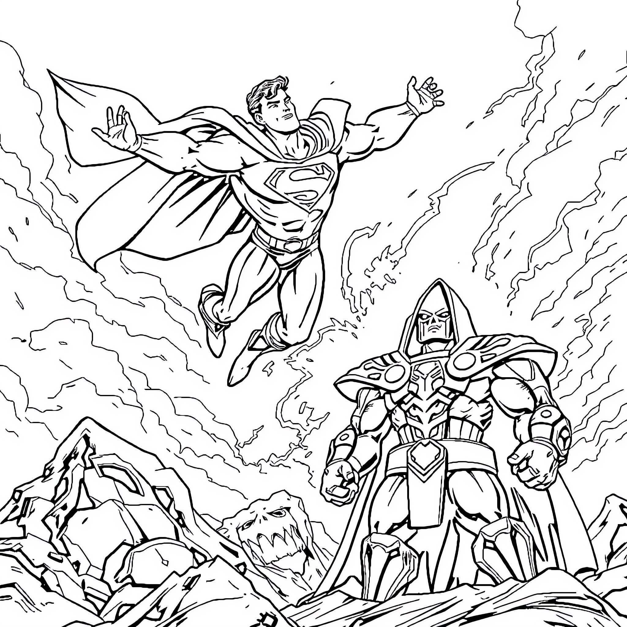 Superman battling a powerful robot in an epic confrontation Coloring Page (free black-and-white line drawing printable PDF for all, from beginners to advanced learners, including children, teens, adults, and seniors)