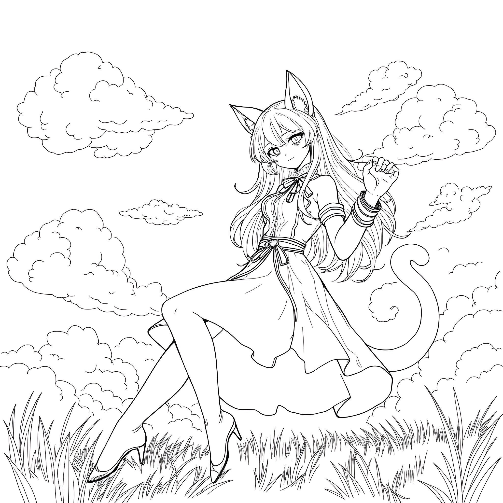 Catgirl frolicking in a whimsical cloud-filled meadow Coloring Page (free black-and-white line drawing printable PDF for all, from beginners to advanced learners, including children, teens, adults, and seniors)