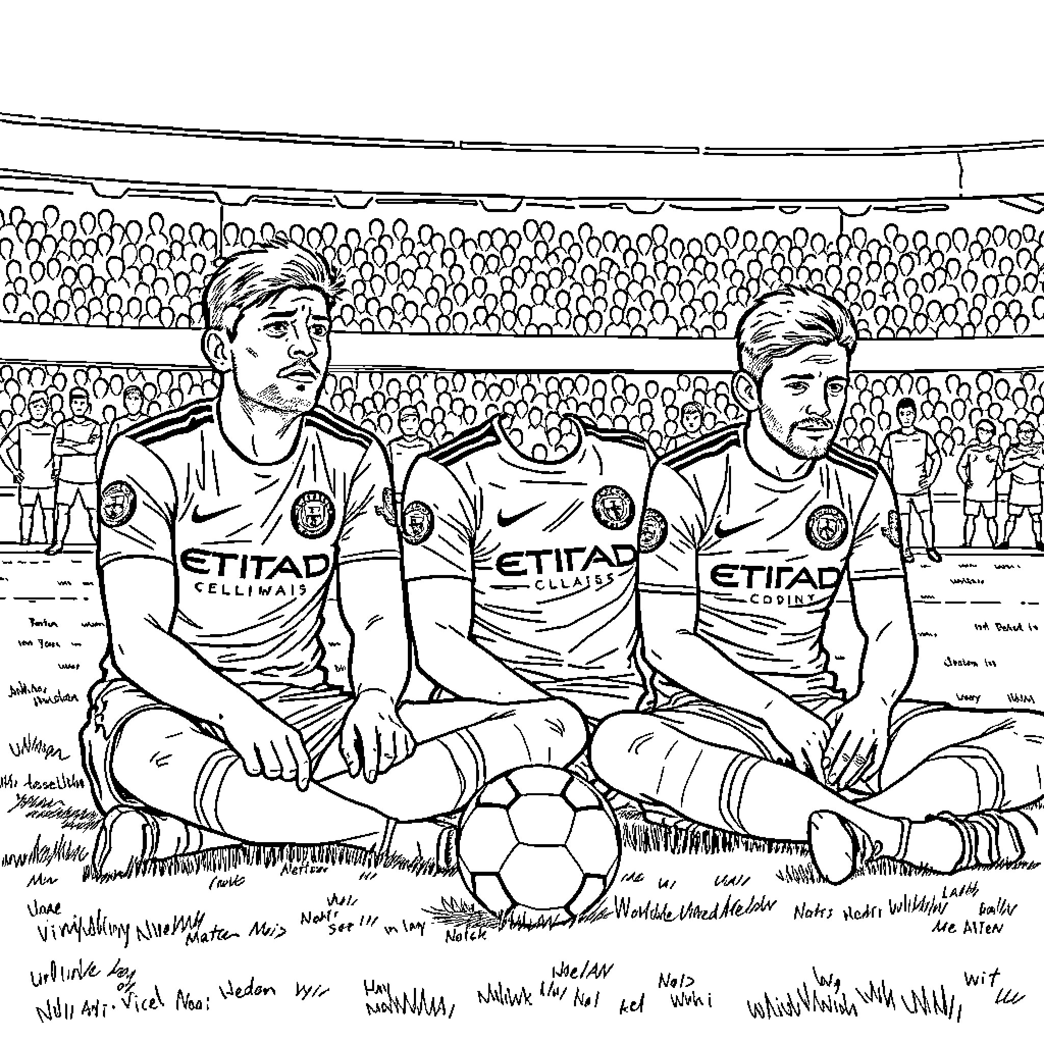 Erling Haaland and Teammates on the Pitch Coloring Page (free black-and-white line drawing printable PDF for all, from beginners to advanced learners, including children, teens, adults, and seniors)