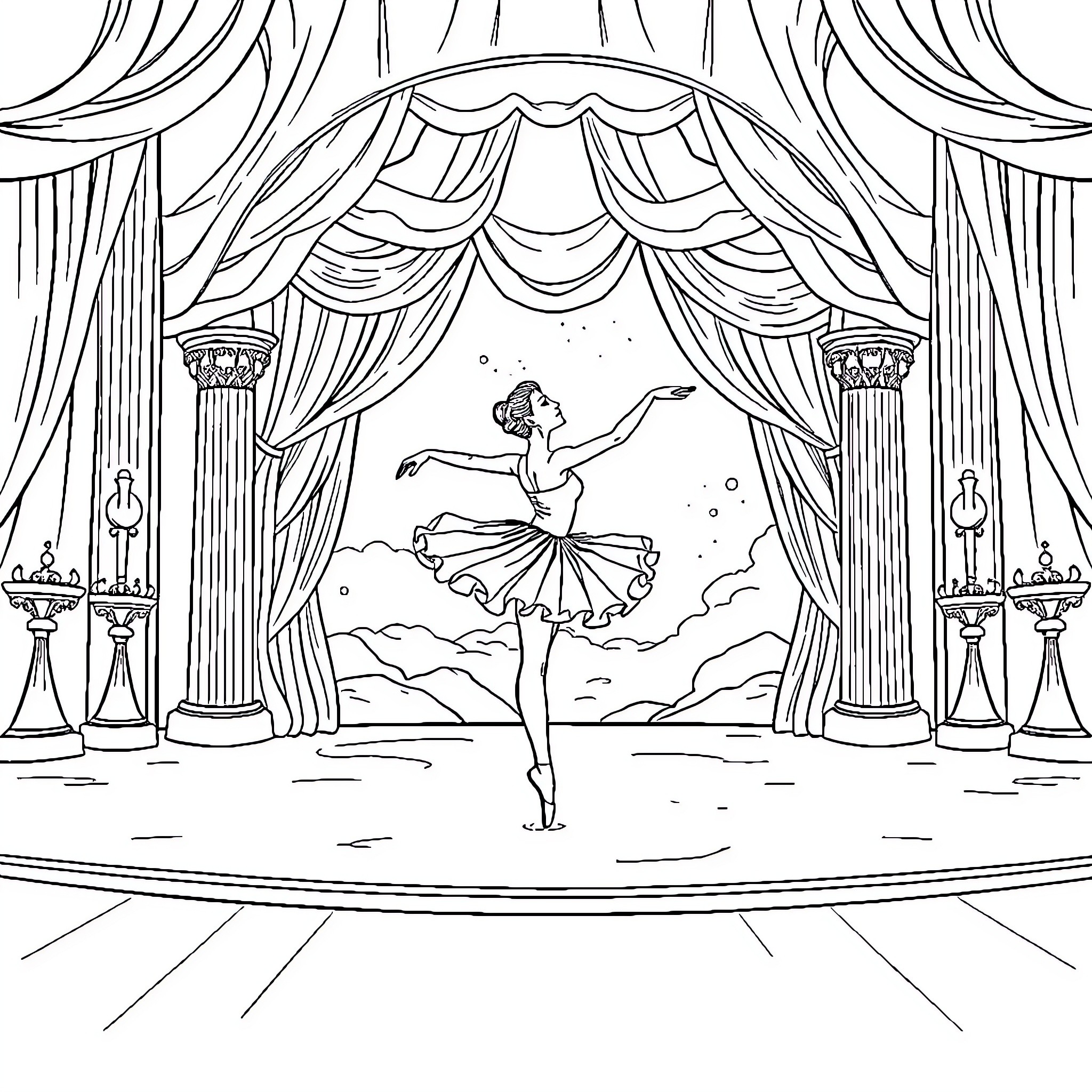 Ballerina performing on a grand stage Coloring Page (free black-and-white line drawing printable PDF for all, from beginners to advanced learners, including children, teens, adults, and seniors)