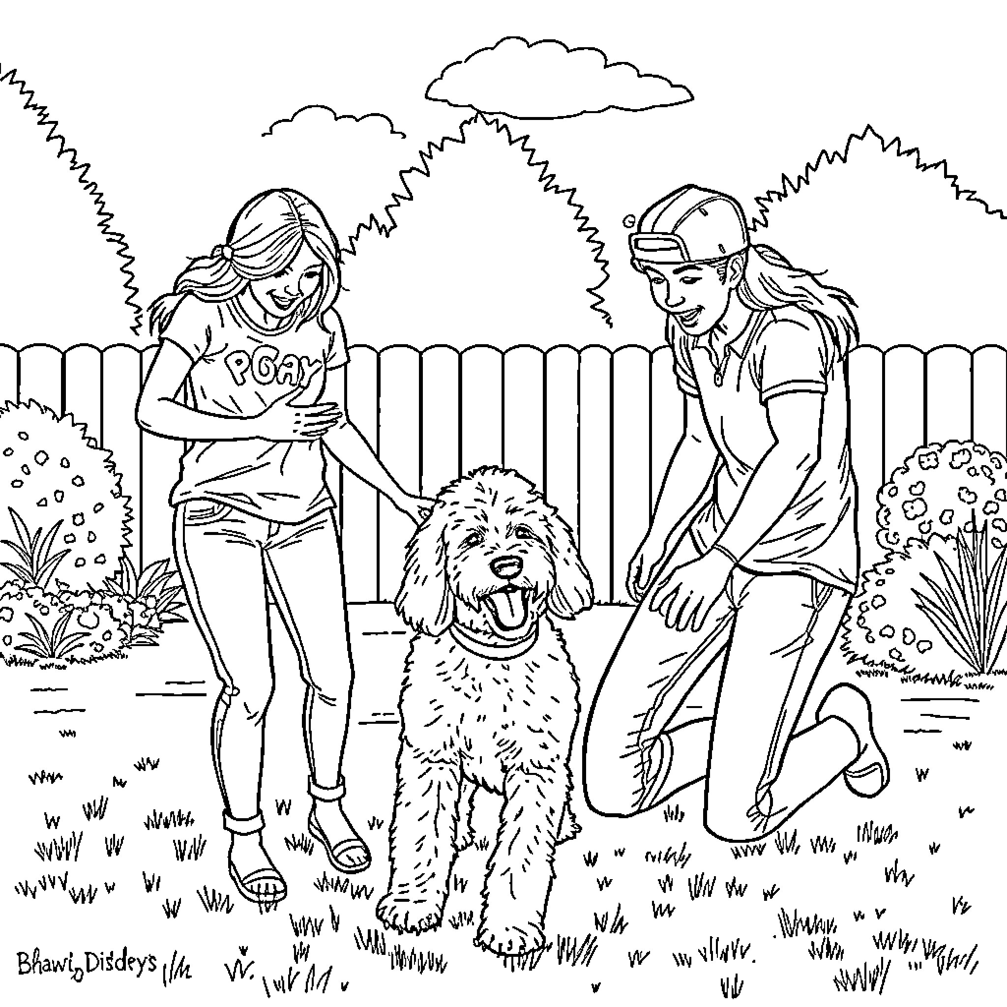 Family playing joyfully with loyal dog in backyard Coloring Page (free black-and-white line drawing printable PDF for all, from beginners to advanced learners, including children, teens, adults, and seniors)