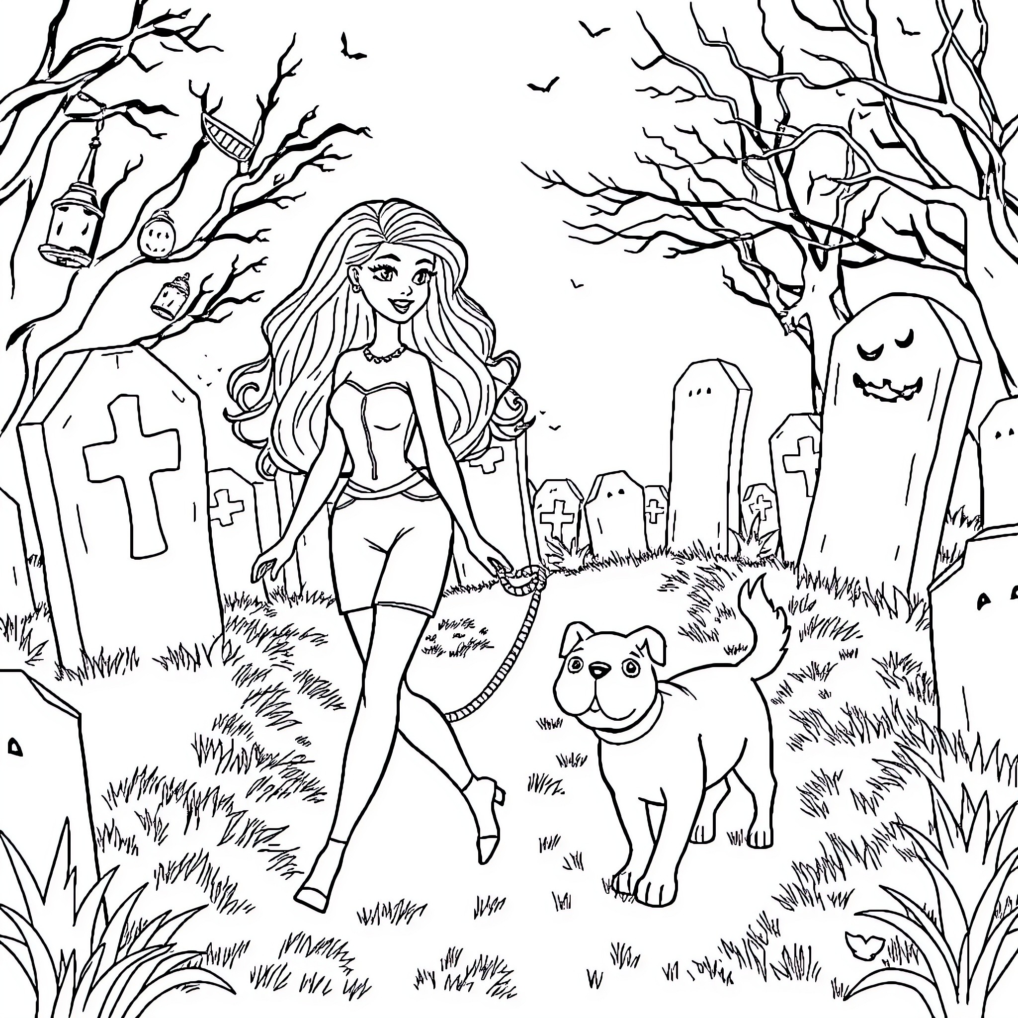 Barbie's Spooky Adventure in the Graveyard Coloring Page (free black-and-white line drawing printable PDF for all, from beginners to advanced learners, including children, teens, adults, and seniors)