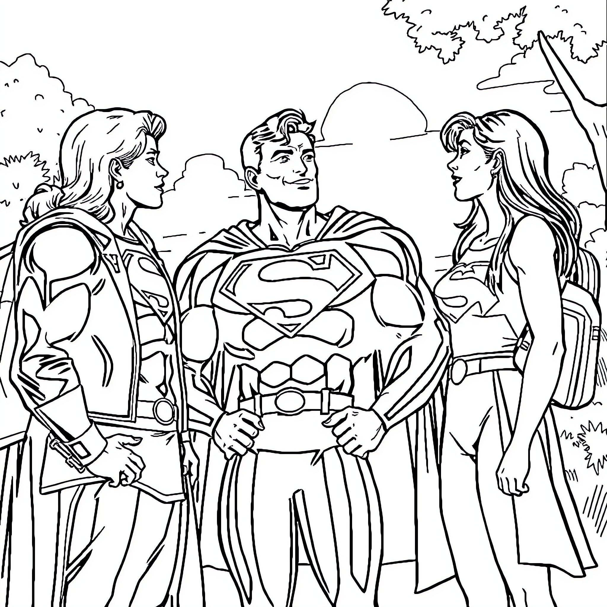 Superman in heroic pose with female companions Coloring Page (free black-and-white line drawing printable PDF for all, from beginners to advanced learners, including children, teens, adults, and seniors)