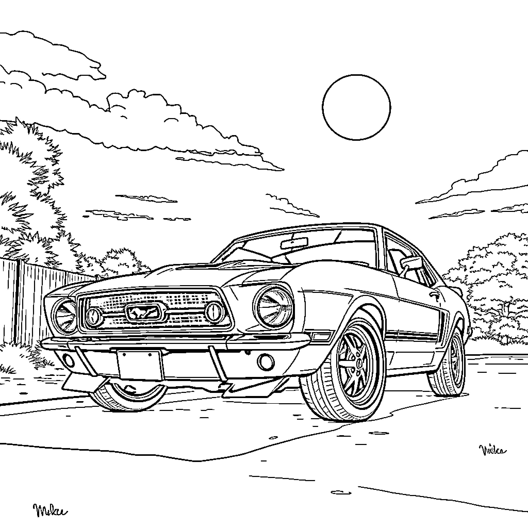Mustang cruising through the countryside Coloring Page (free black-and-white line drawing printable PDF for all, from beginners to advanced learners, including children, teens, adults, and seniors)
