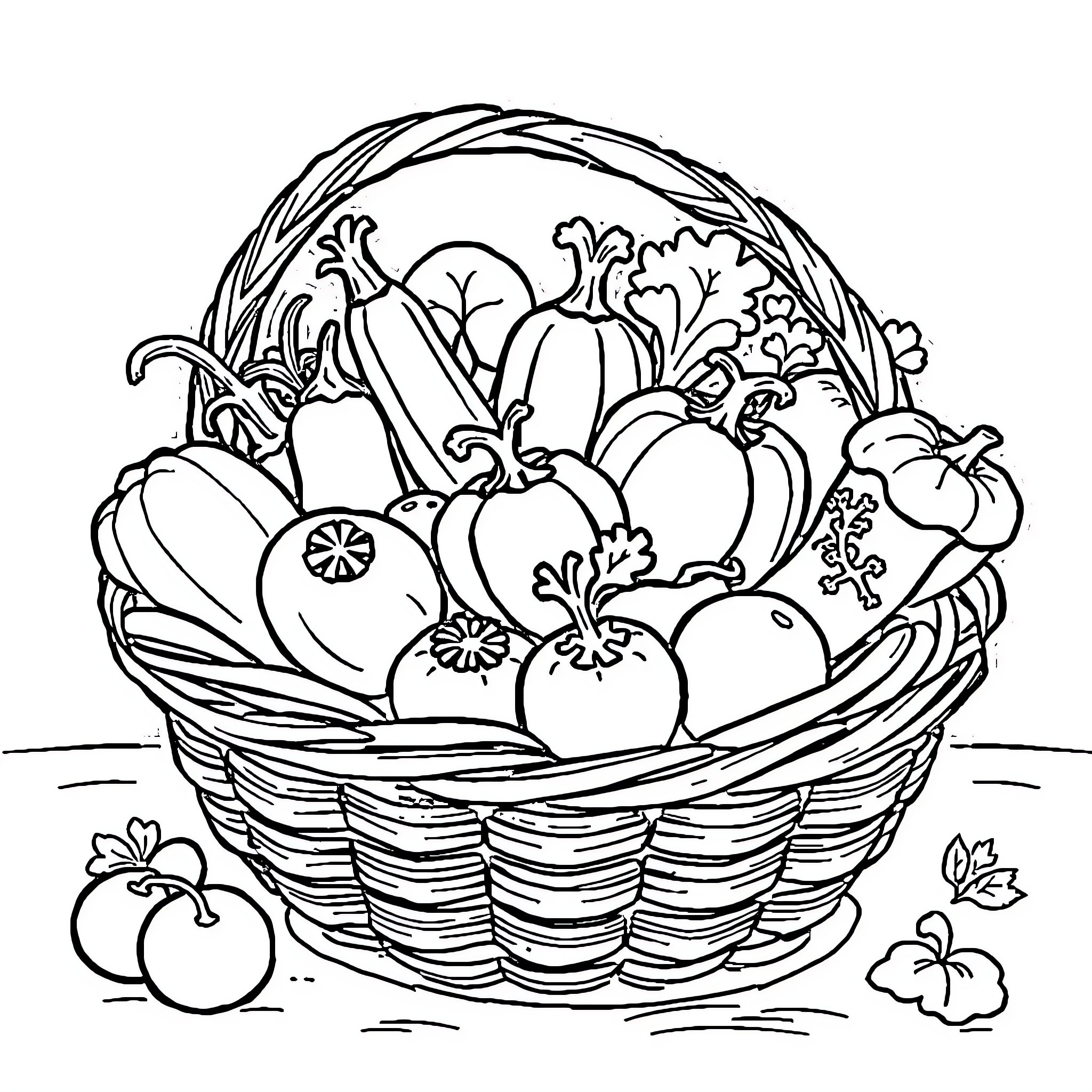 Vegetable basket with assorted produce Coloring Page (free black-and-white line drawing printable PDF for all, from beginners to advanced learners, including children, teens, adults, and seniors)