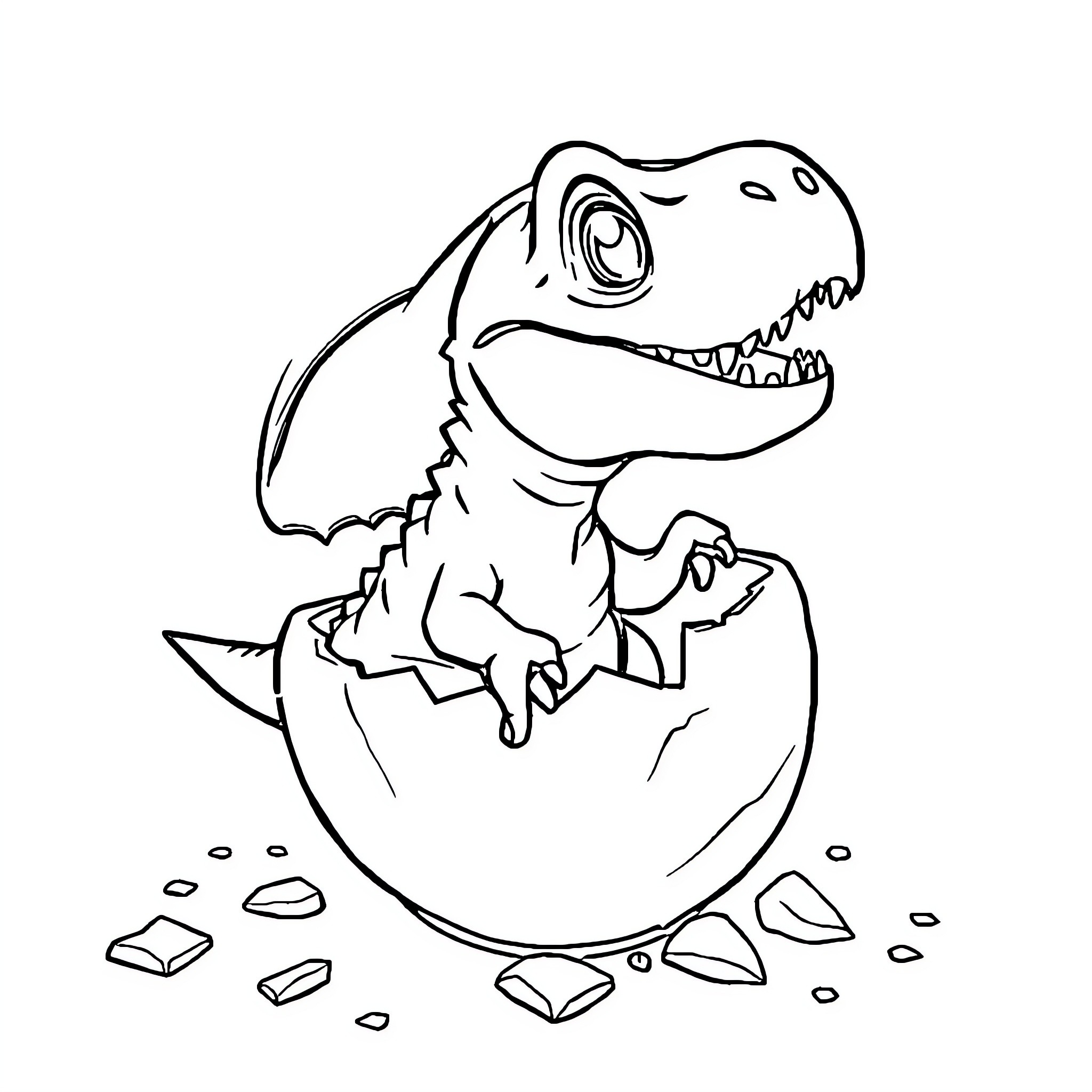 Baby T-Rex hatching from egg Coloring Page (free black-and-white line drawing printable PDF for all, from beginners to advanced learners, including children, teens, adults, and seniors)