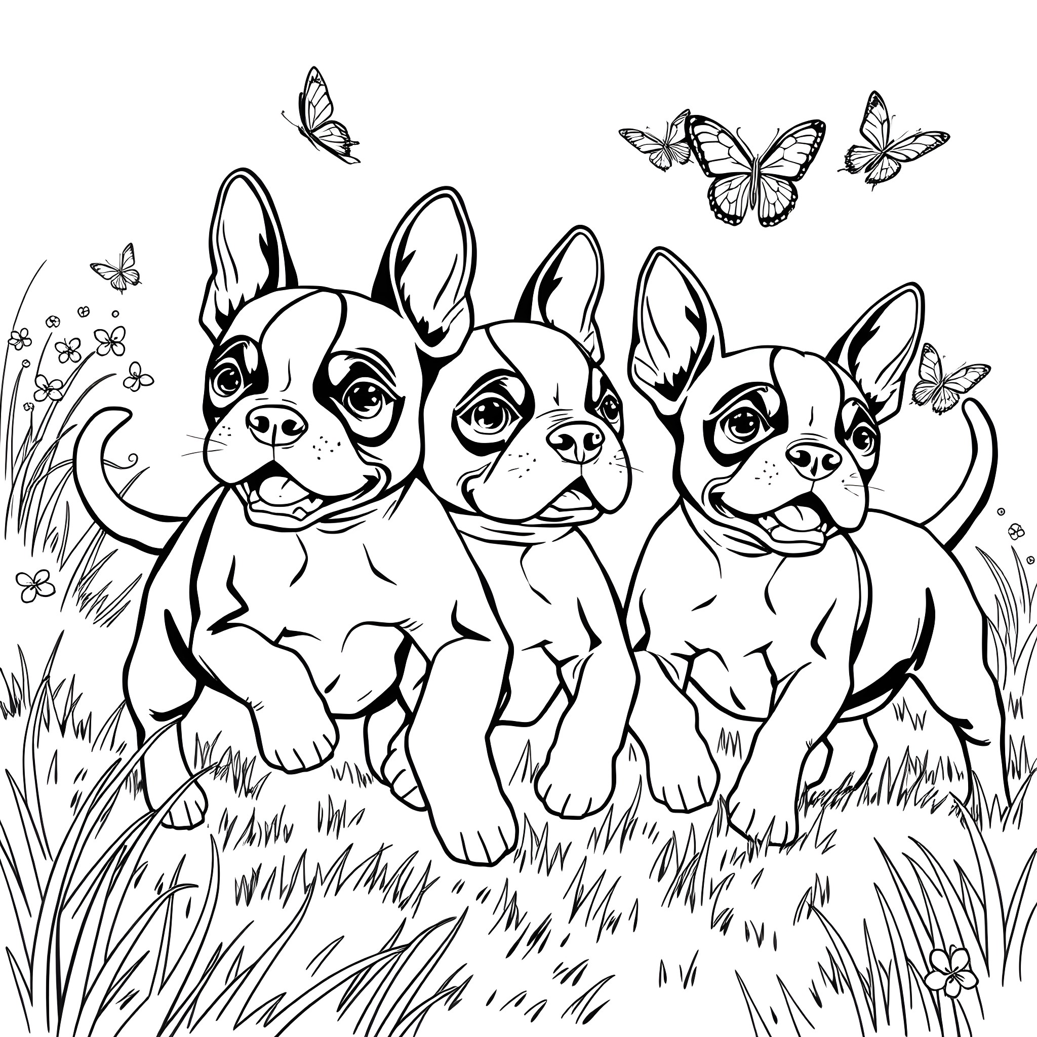Boston Terrier puppies frolicking in a meadow with butterflies Coloring Page (free black-and-white line drawing printable PDF for all, from beginners to advanced learners, including children, teens, adults, and seniors)