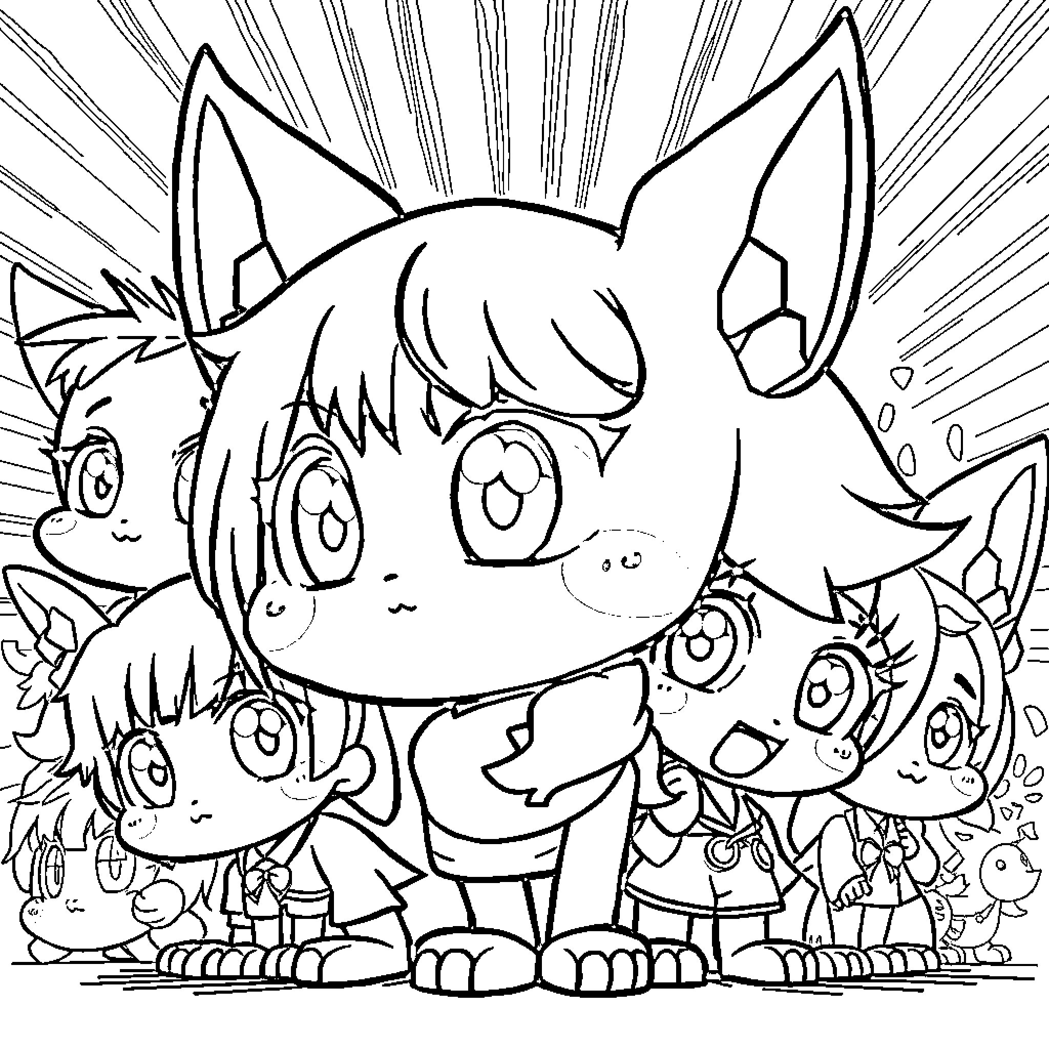 Anime Characters in a Cheerful Scene Coloring Page (free black-and-white line drawing printable PDF for all, from beginners to advanced learners, including children, teens, adults, and seniors)