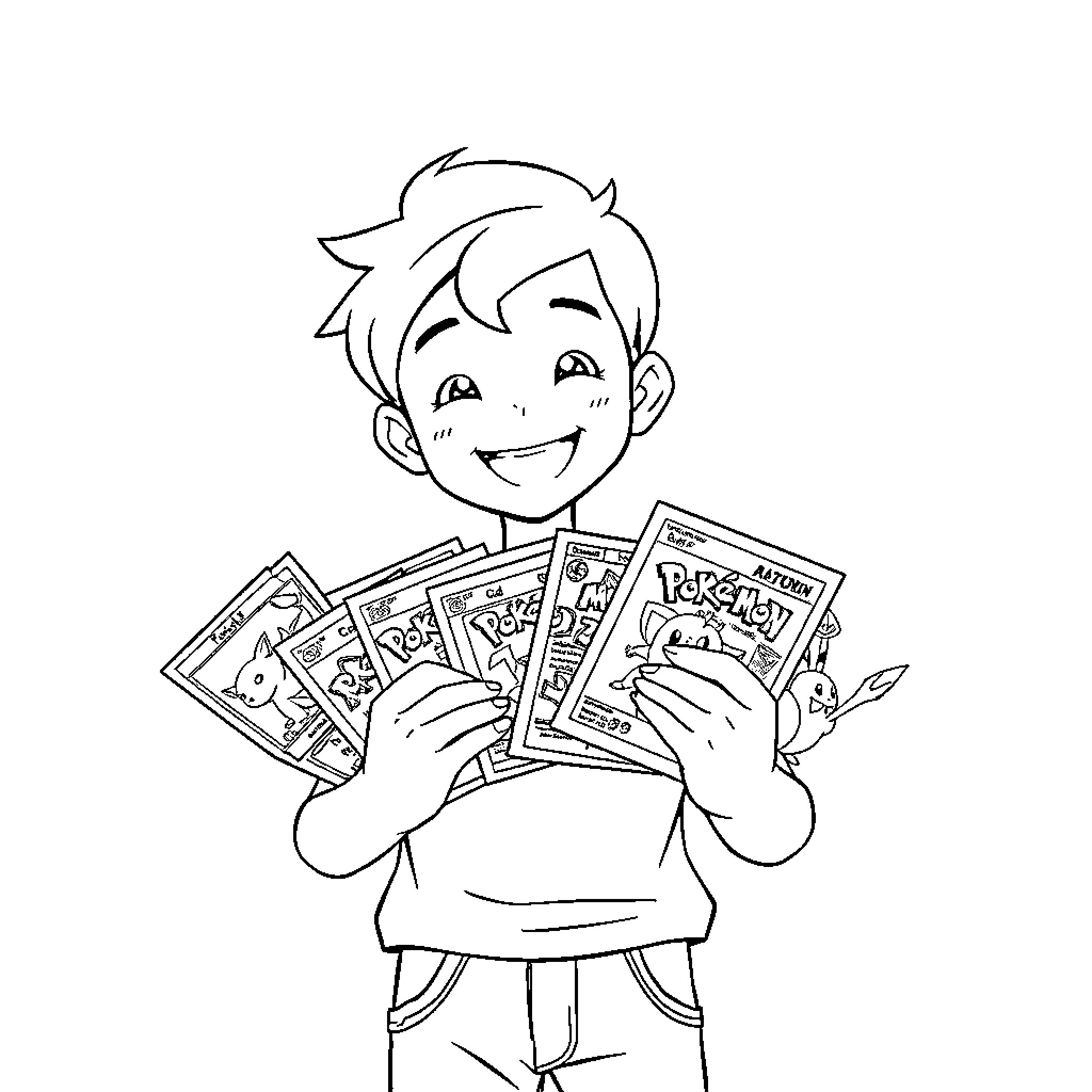 Boy happily holding and showing trading cards Coloring Page (free black-and-white line drawing printable PDF for all, from beginners to advanced learners, including children, teens, adults, and seniors)