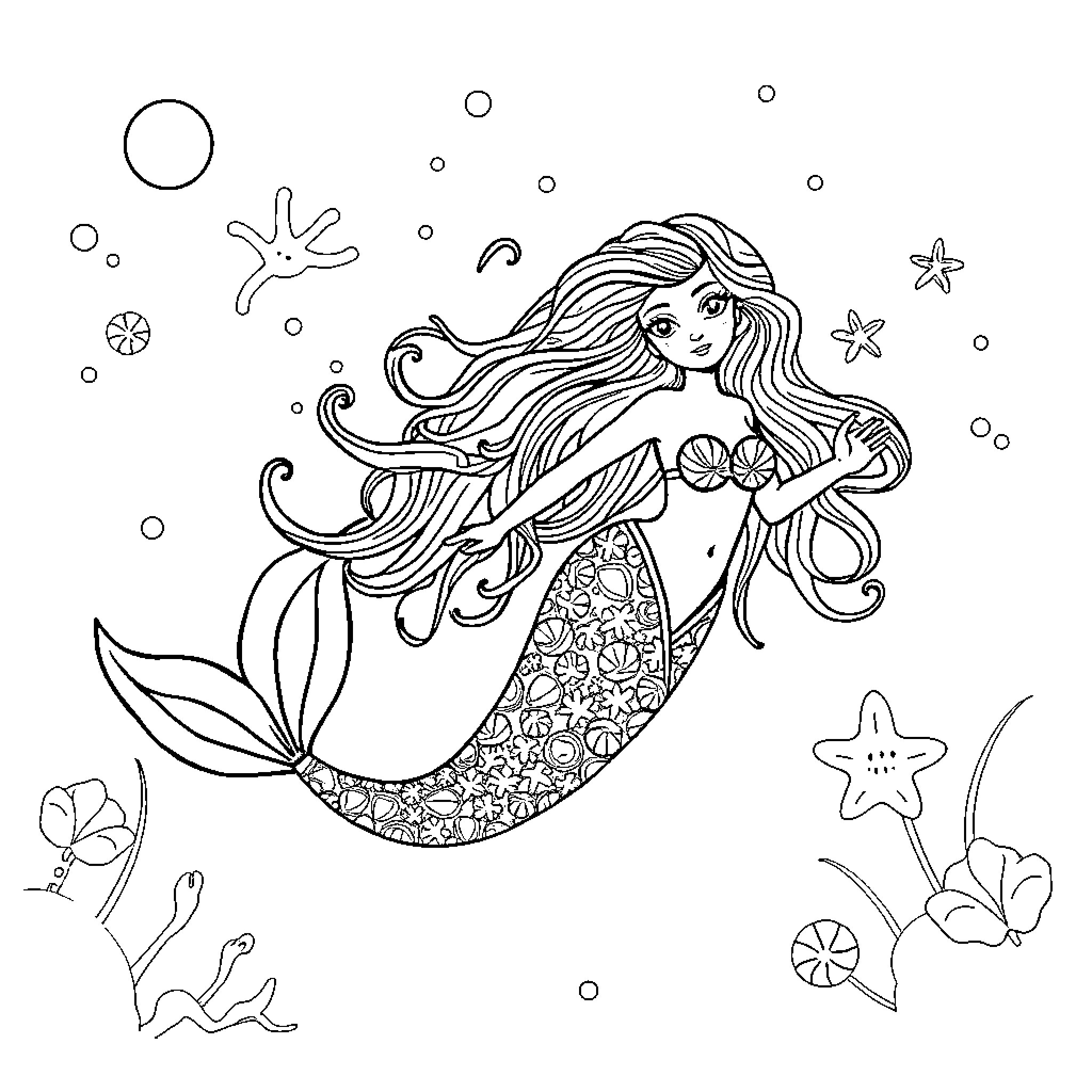 Mermaid exploring the underwater world Coloring Page (free black-and-white line drawing printable PDF for all, from beginners to advanced learners, including children, teens, adults, and seniors)