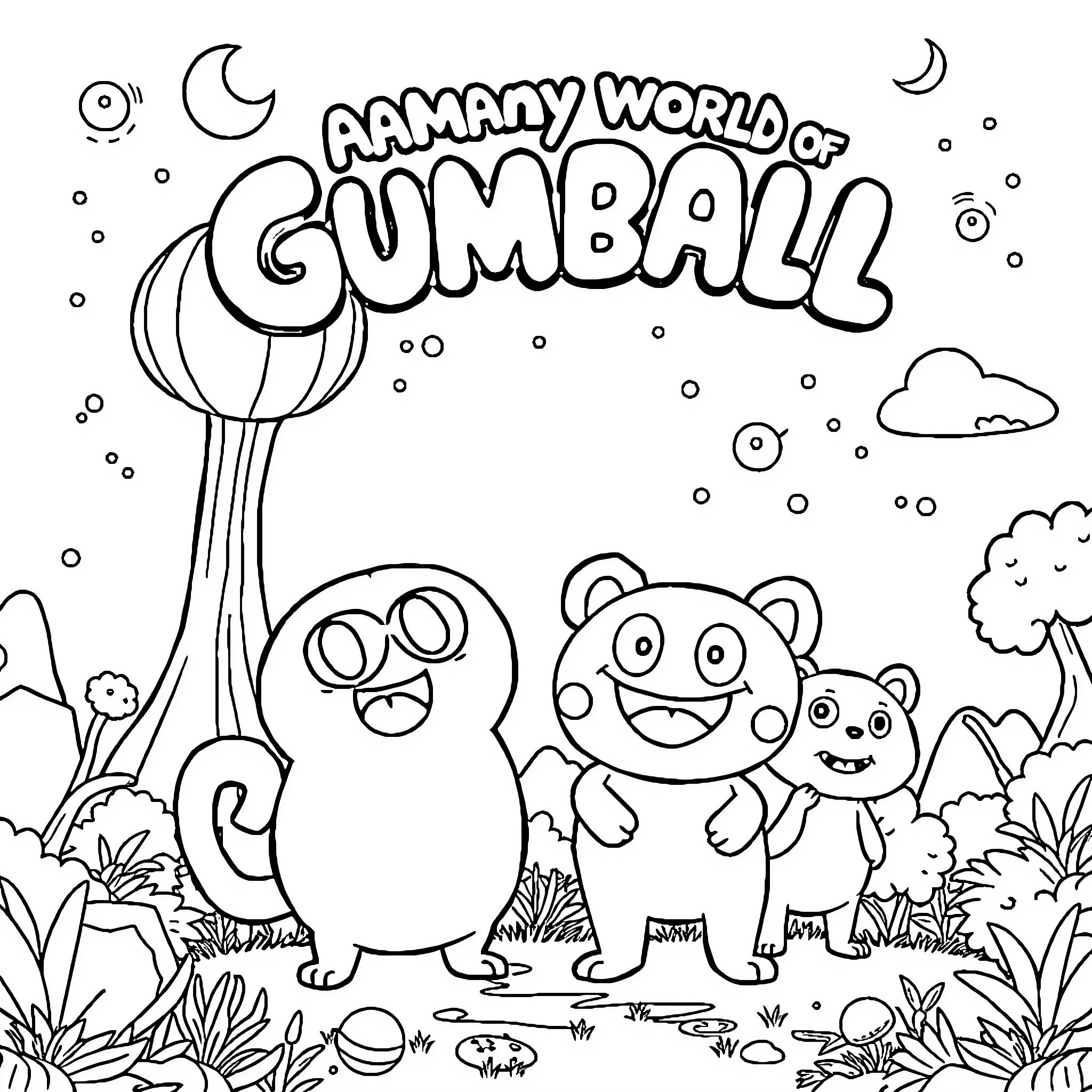 Gumball's Imaginative World of Adventure Coloring Page (free black-and-white line drawing printable PDF for all, from beginners to advanced learners, including children, teens, adults, and seniors)
