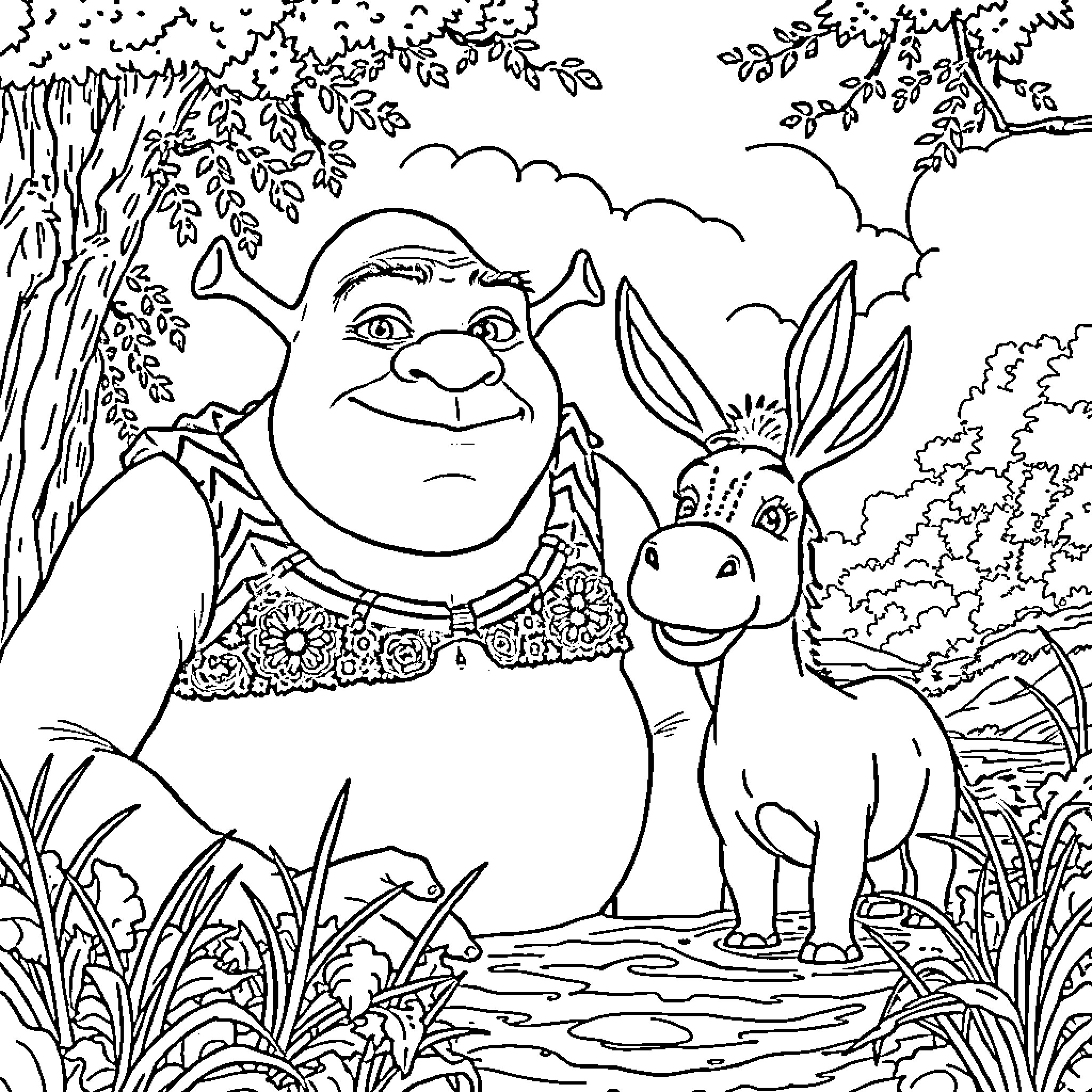 Shrek and Donkey in the Enchanted Forest Coloring Page (free black-and-white line drawing printable PDF for all, from beginners to advanced learners, including children, teens, adults, and seniors)