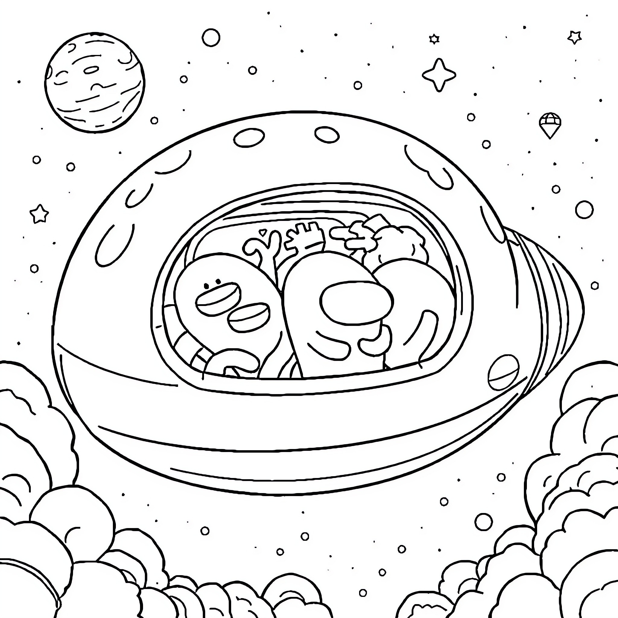 Among Us Characters Exploring Outer Space Coloring Page (free black-and-white line drawing printable PDF for all, from beginners to advanced learners, including children, teens, adults, and seniors)