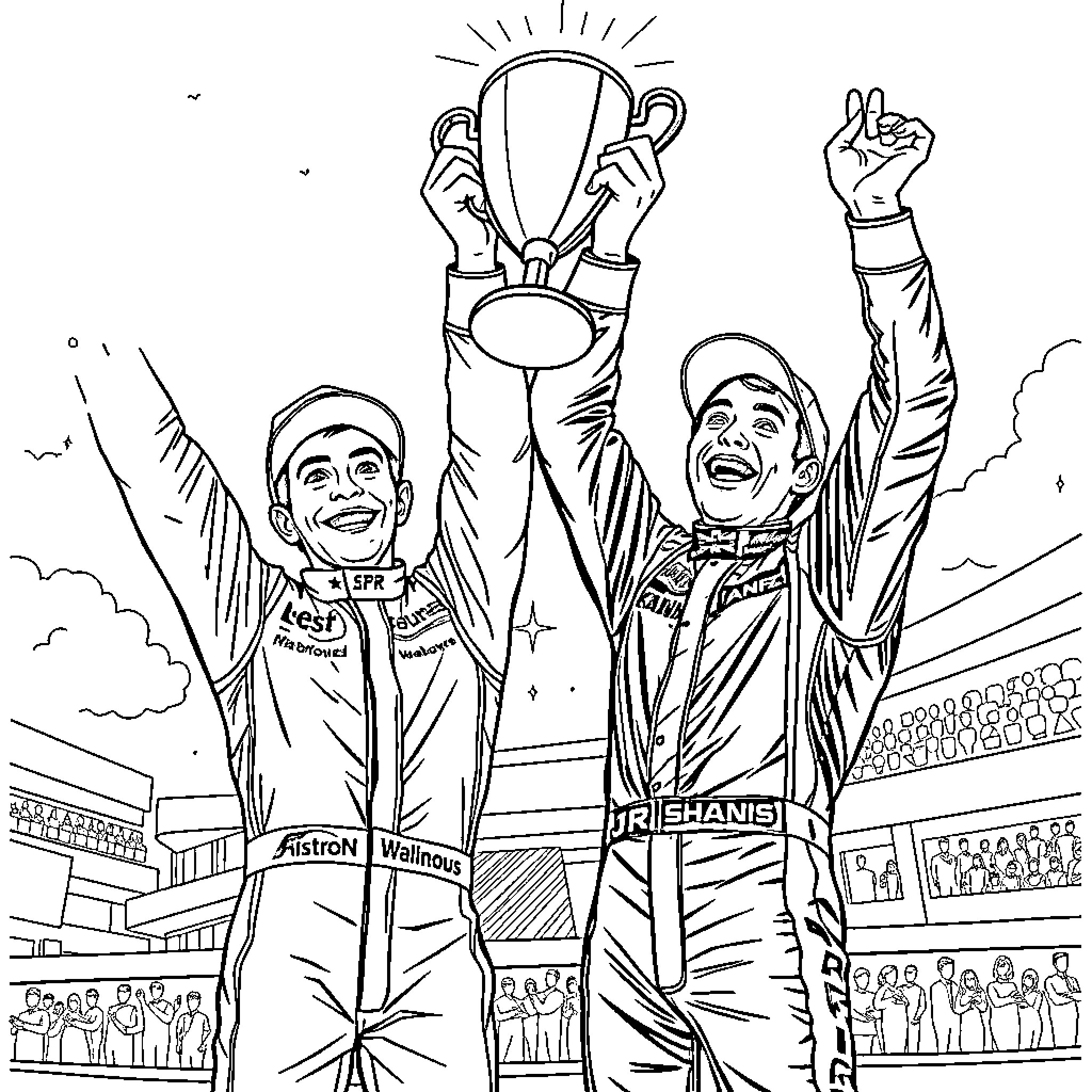 Driver celebrates victory with trophy on podium Coloring Page (free black-and-white line drawing printable PDF for all, from beginners to advanced learners, including children, teens, adults, and seniors)