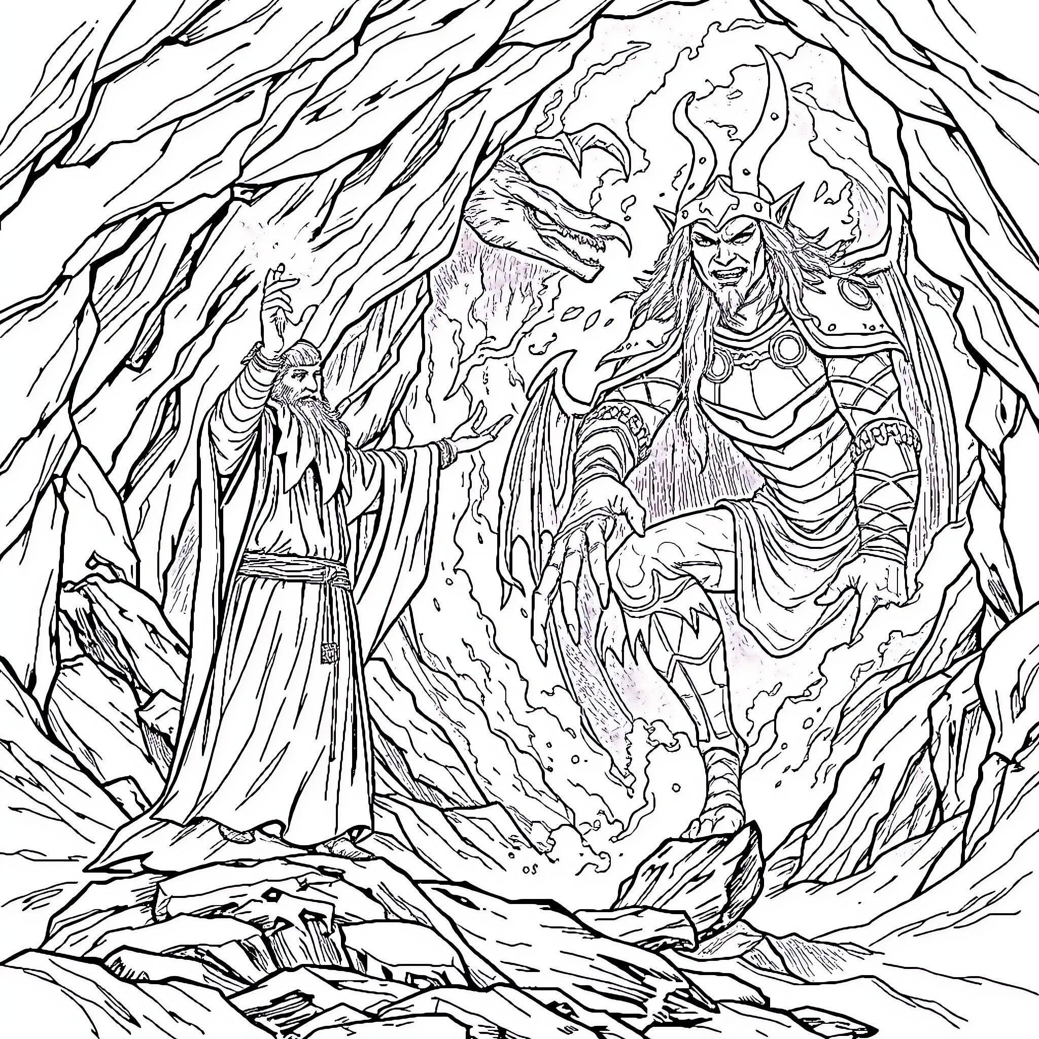 Gandalf battles fierce demonic forces in a treacherous lair Coloring Page (free black-and-white line drawing printable PDF for all, from beginners to advanced learners, including children, teens, adults, and seniors)