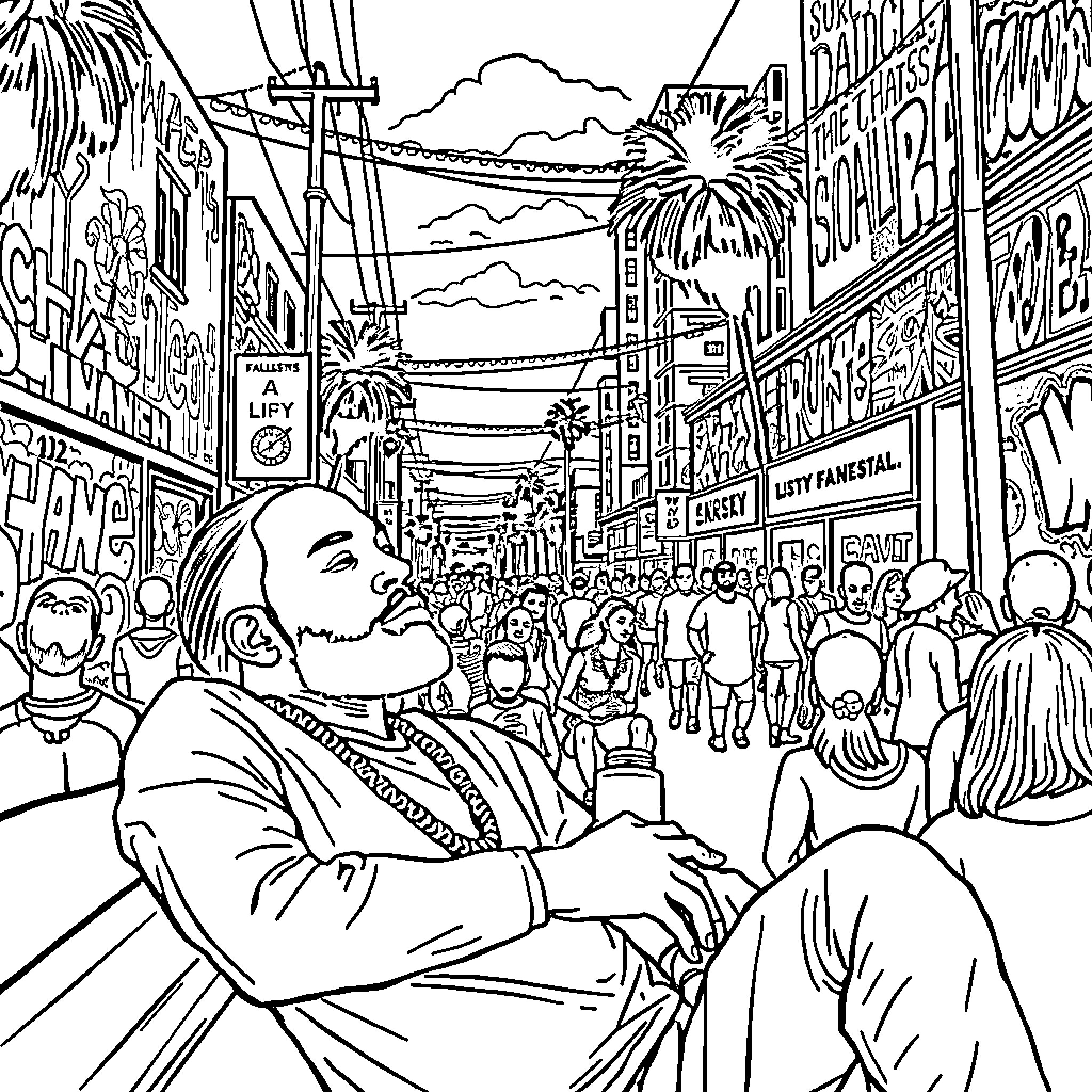 Nipsey Hussle in a bustling urban street scene Coloring Page (free black-and-white line drawing printable PDF for all, from beginners to advanced learners, including children, teens, adults, and seniors)