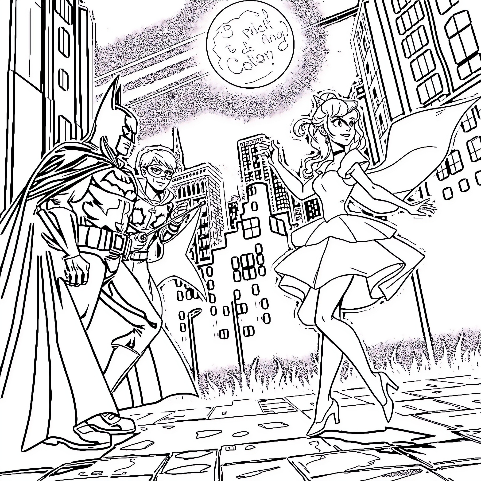 Cinderella and Batman team up in the city Coloring Page (free black-and-white line drawing printable PDF for all, from beginners to advanced learners, including children, teens, adults, and seniors)