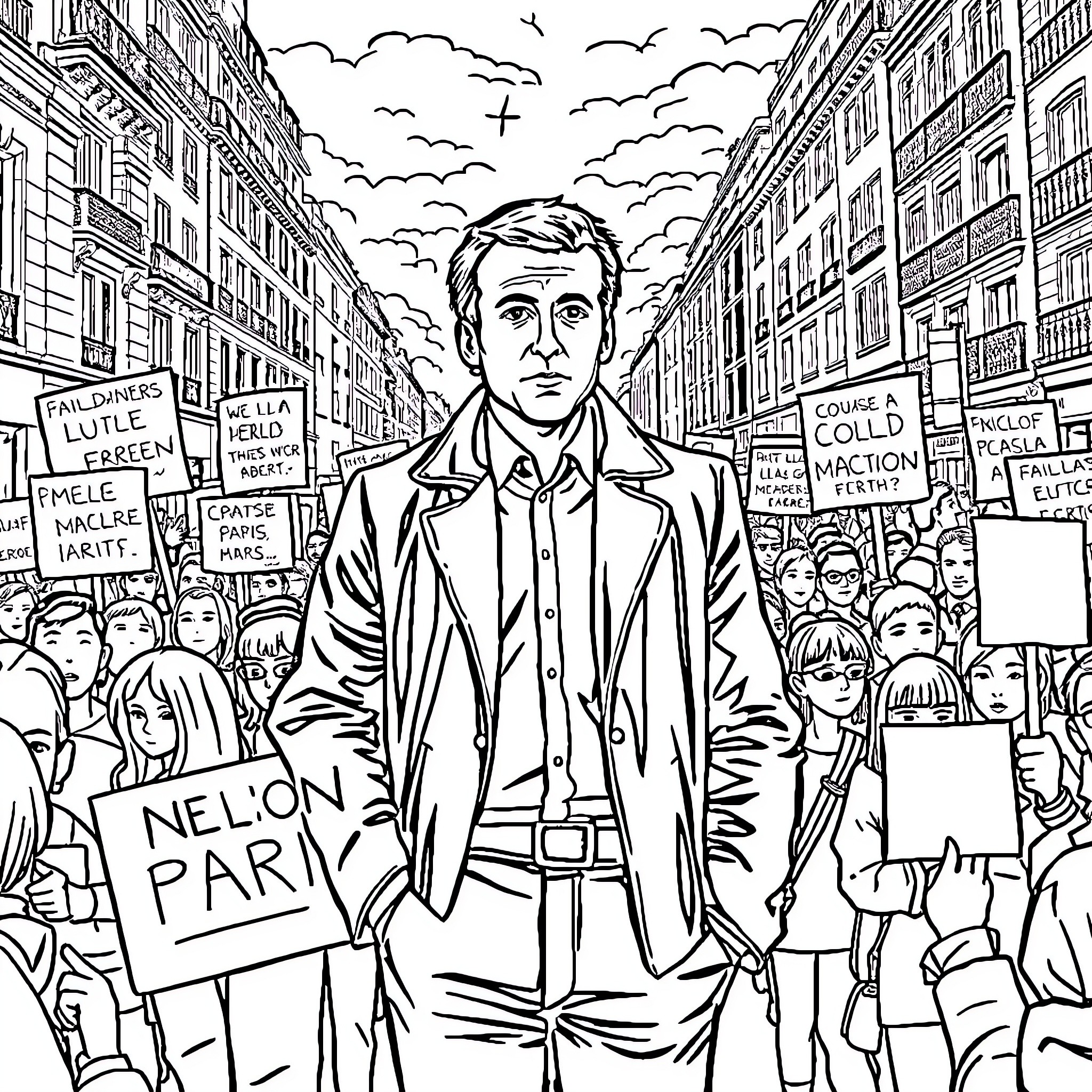 Macron amidst a politically charged crowd Coloring Page (free black-and-white line drawing printable PDF for all, from beginners to advanced learners, including children, teens, adults, and seniors)