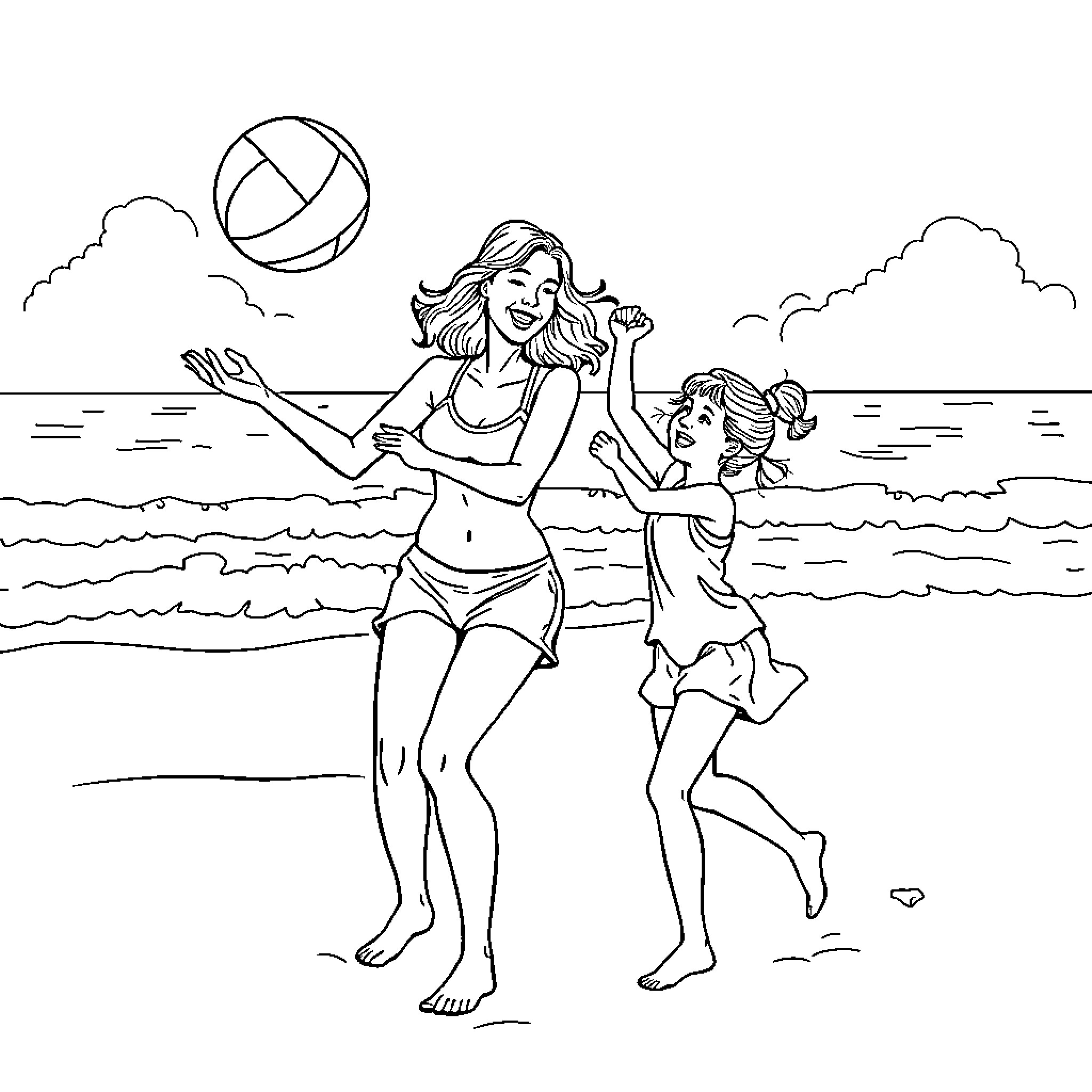 Volleyball game on the beach with women Coloring Page (free black-and-white line drawing printable PDF for all, from beginners to advanced learners, including children, teens, adults, and seniors)