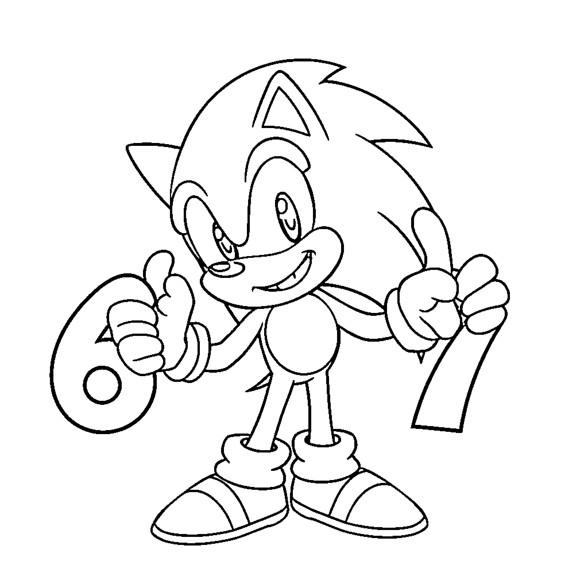 Sonic the Hedgehog making a thumbs-up gesture Coloring Page (free black-and-white line drawing printable PDF for all, from beginners to advanced learners, including children, teens, adults, and seniors)