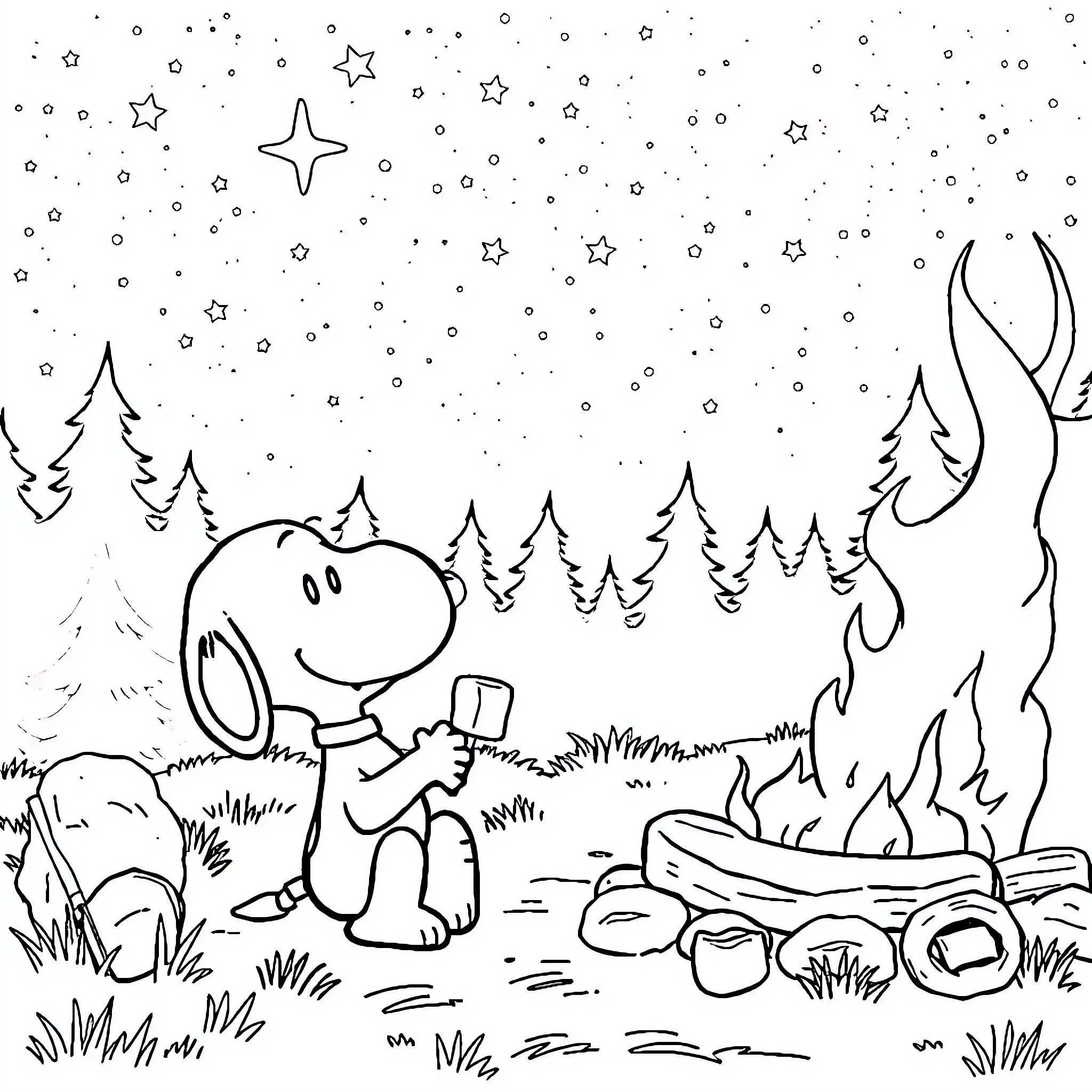 Snoopy enjoying a cozy campfire under the starry night Coloring Page (free black-and-white line drawing printable PDF for all, from beginners to advanced learners, including children, teens, adults, and seniors)