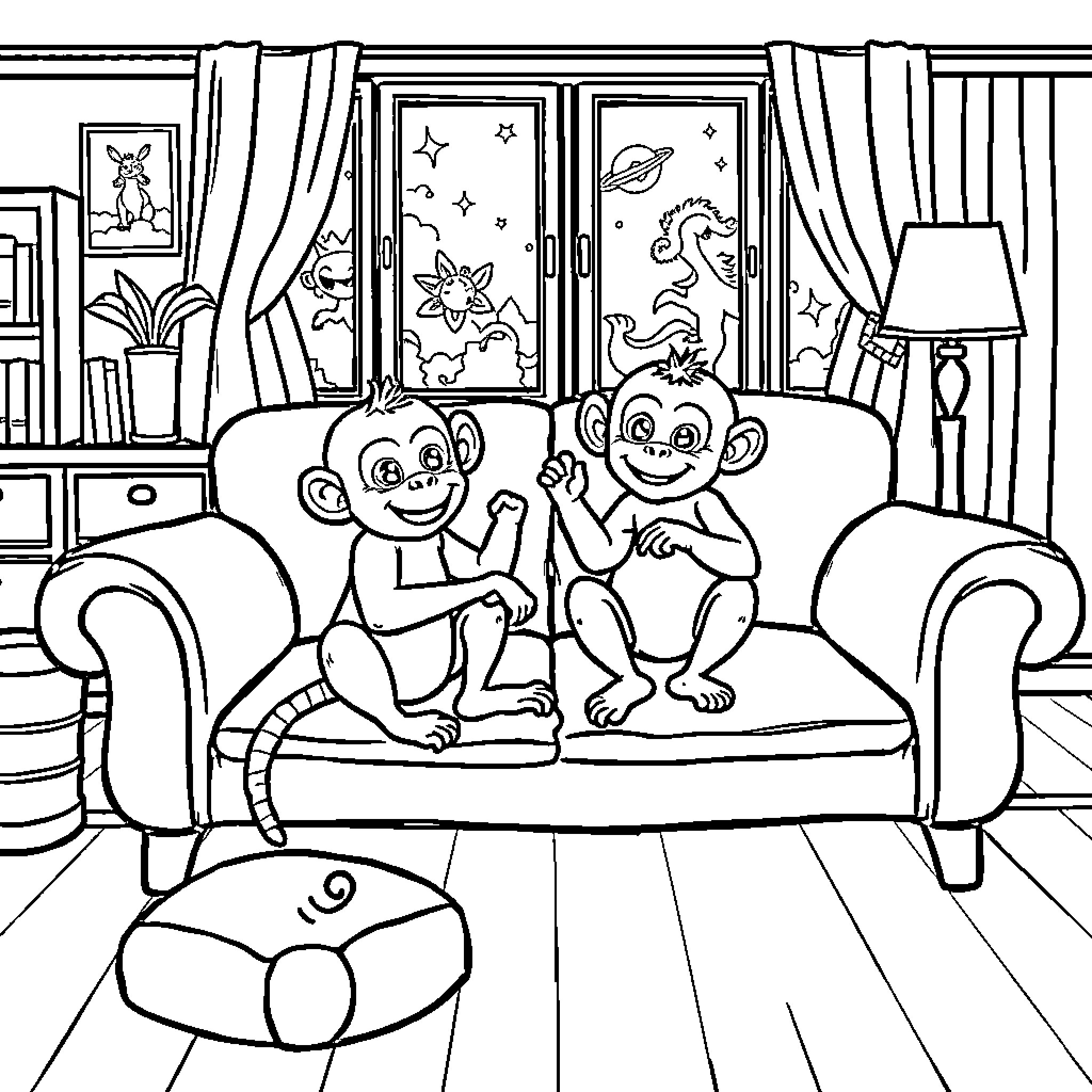 Monkey friends chatting happily in cozy living room Coloring Page (free black-and-white line drawing printable PDF for all, from beginners to advanced learners, including children, teens, adults, and seniors)