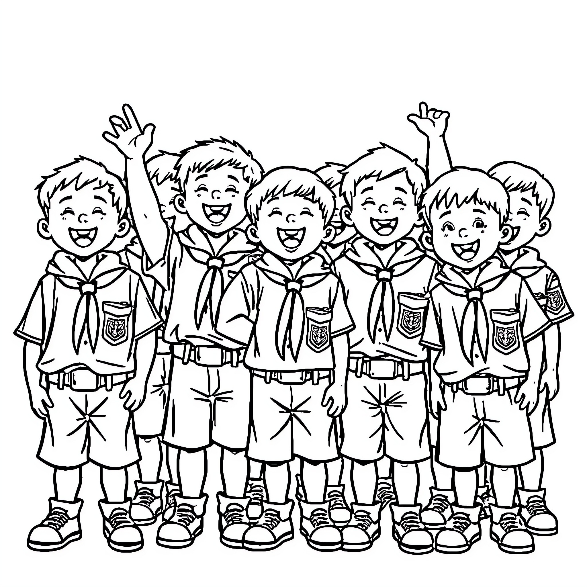 Cub Scouts Posing Happily Together Coloring Page (free black-and-white line drawing printable PDF for all, from beginners to advanced learners, including children, teens, adults, and seniors)