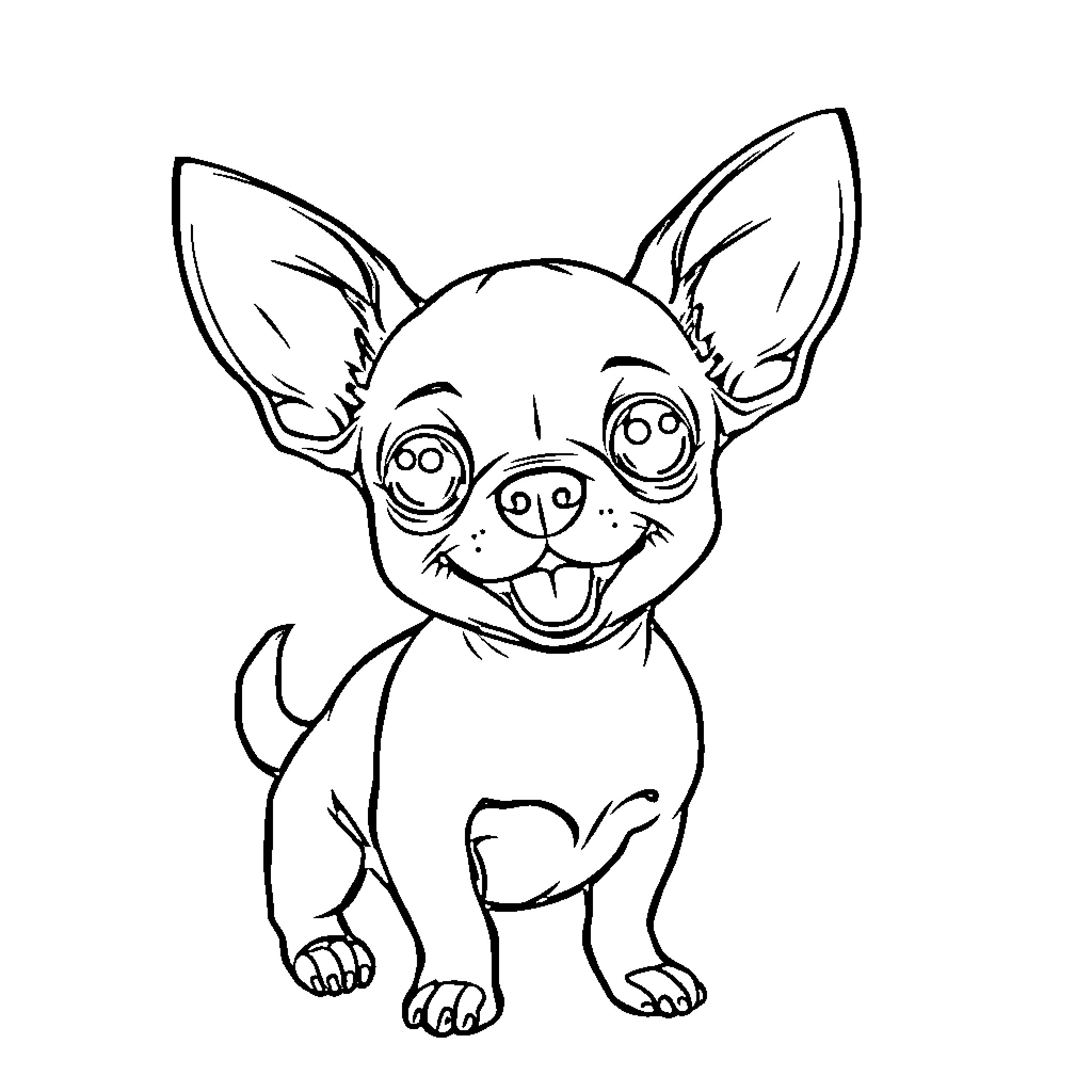 Chihuahua with joyful expression and perky ears Coloring Page (free black-and-white line drawing printable PDF for all, from beginners to advanced learners, including children, teens, adults, and seniors)