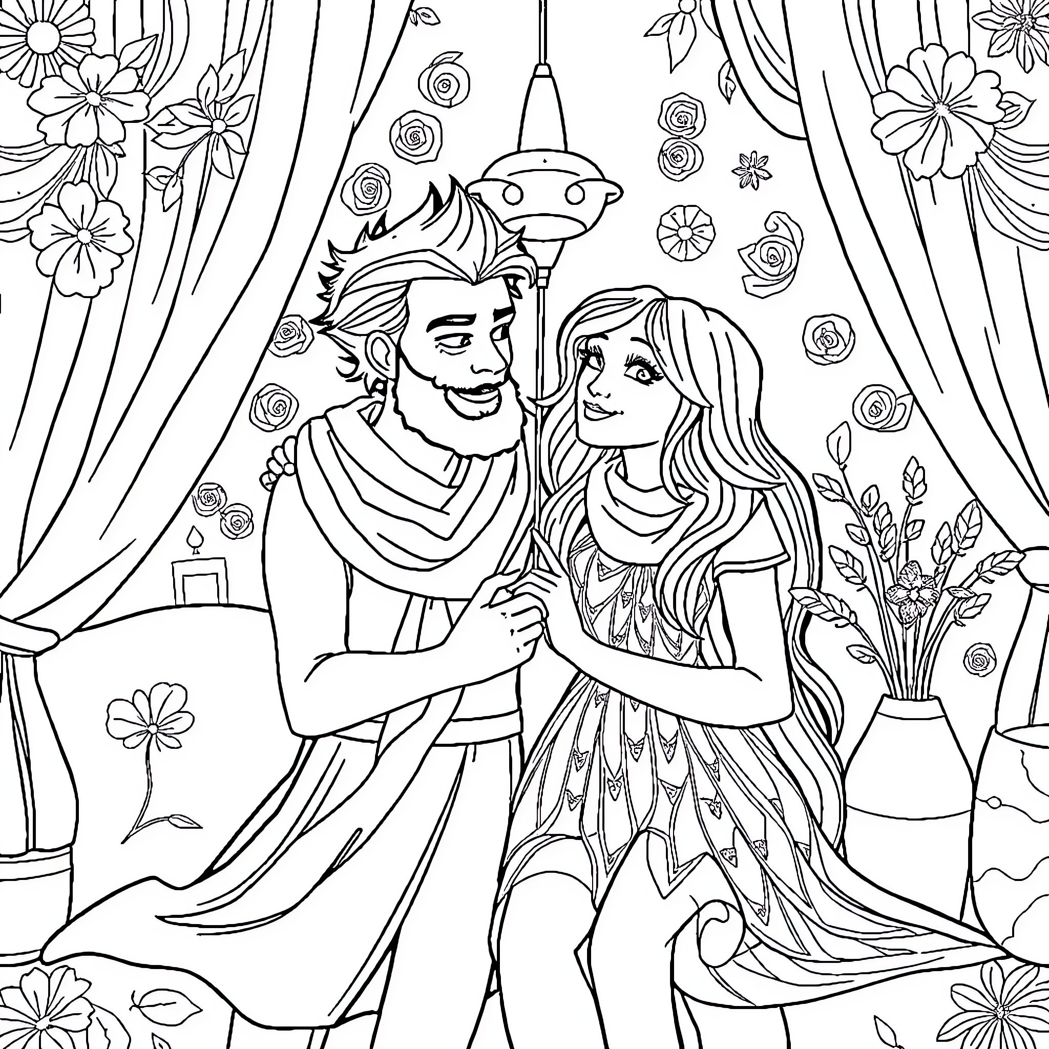 Unity of Loving Couple in Floral Embrace Coloring Page (free black-and-white line drawing printable PDF for all, from beginners to advanced learners, including children, teens, adults, and seniors)