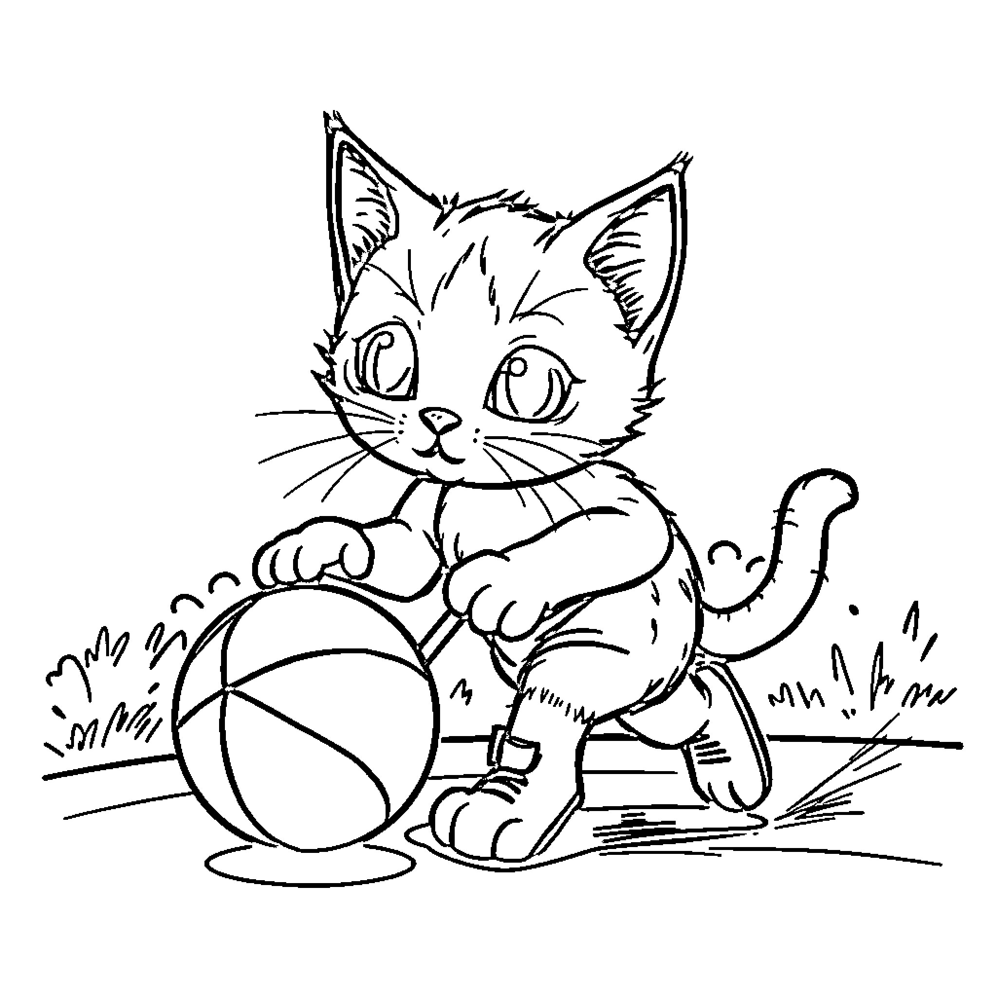 Cat playing with ball in the yard Coloring Page (free black-and-white line drawing printable PDF for all, from beginners to advanced learners, including children, teens, adults, and seniors)