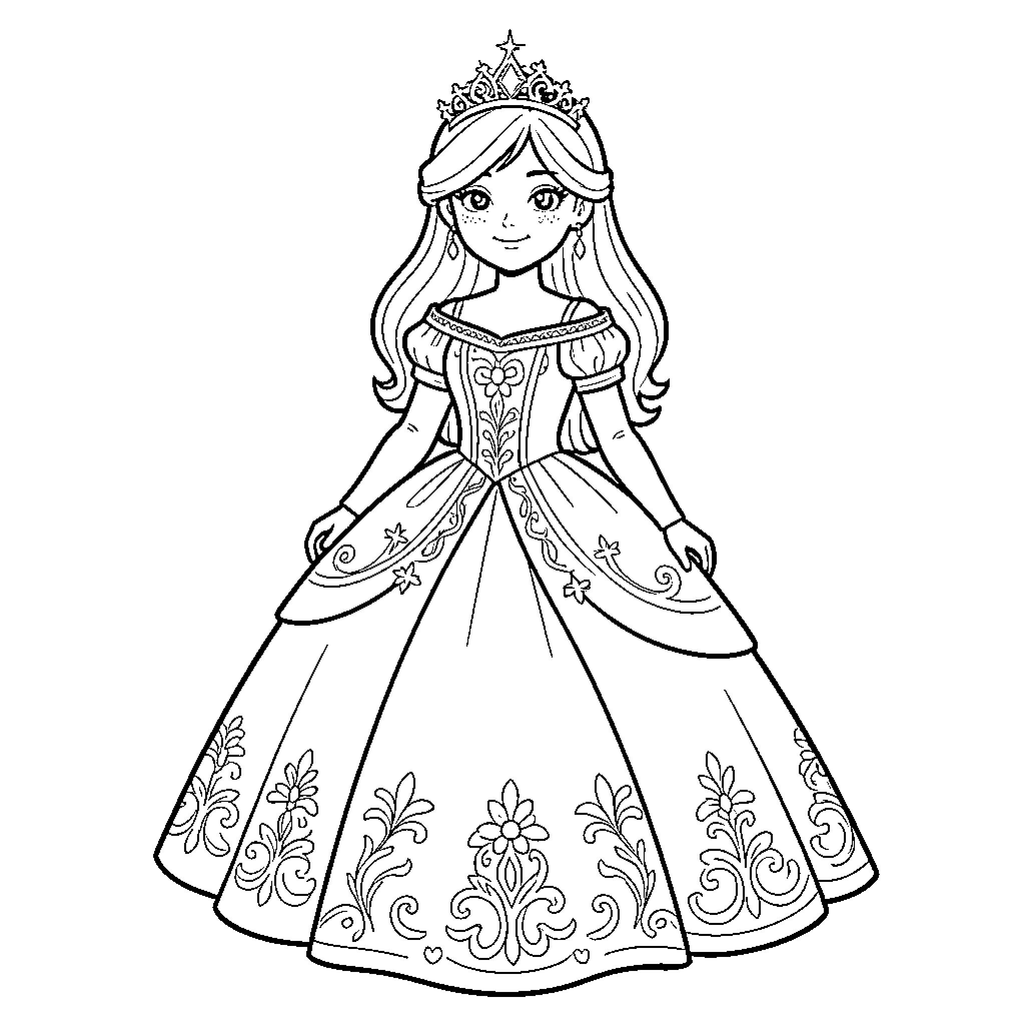 Princess wearing a crown and elegant gown Coloring Page (free black-and-white line drawing printable PDF for all, from beginners to advanced learners, including children, teens, adults, and seniors)