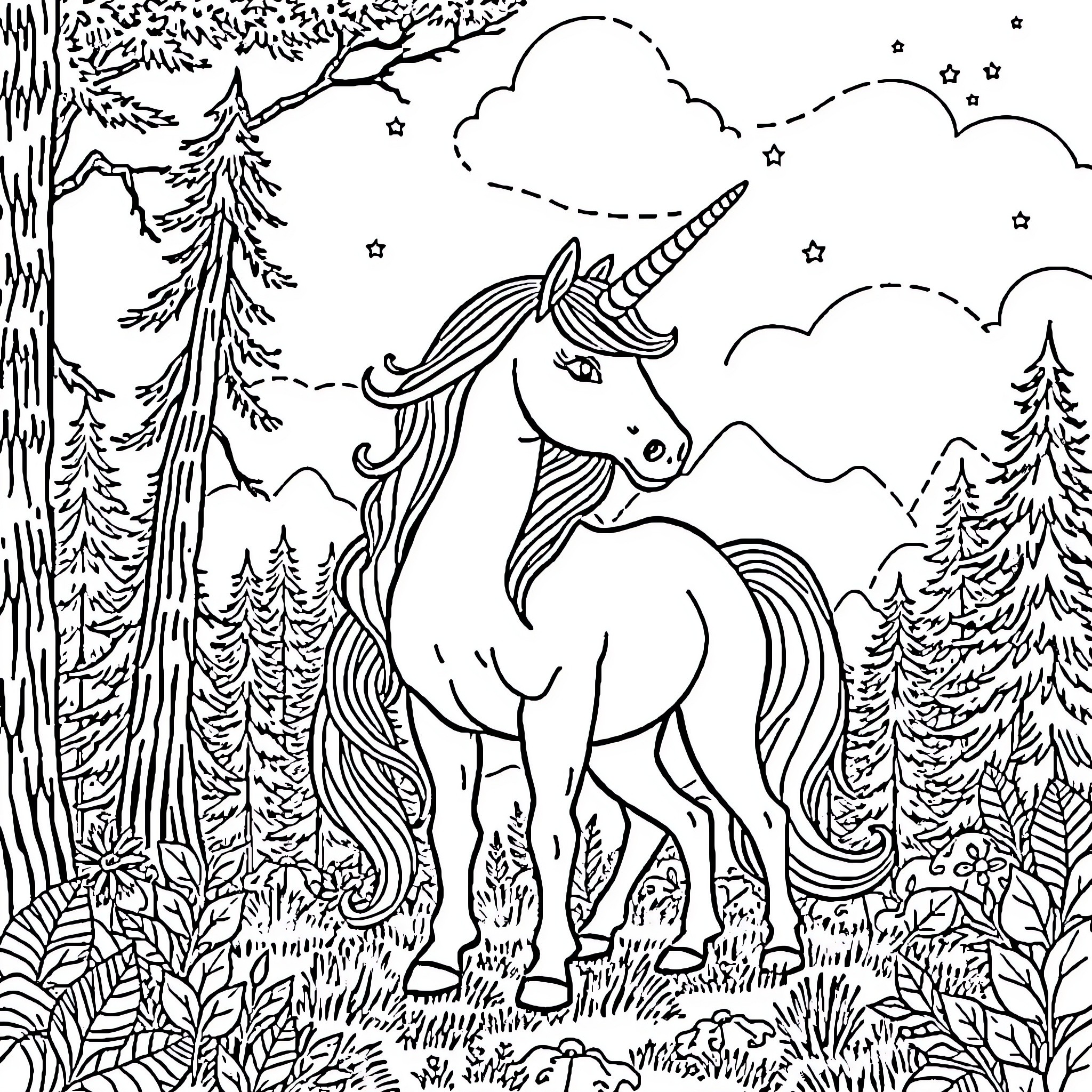 Unicorn exploring the enchanting forest Coloring Page (free black-and-white line drawing printable PDF for all, from beginners to advanced learners, including children, teens, adults, and seniors)