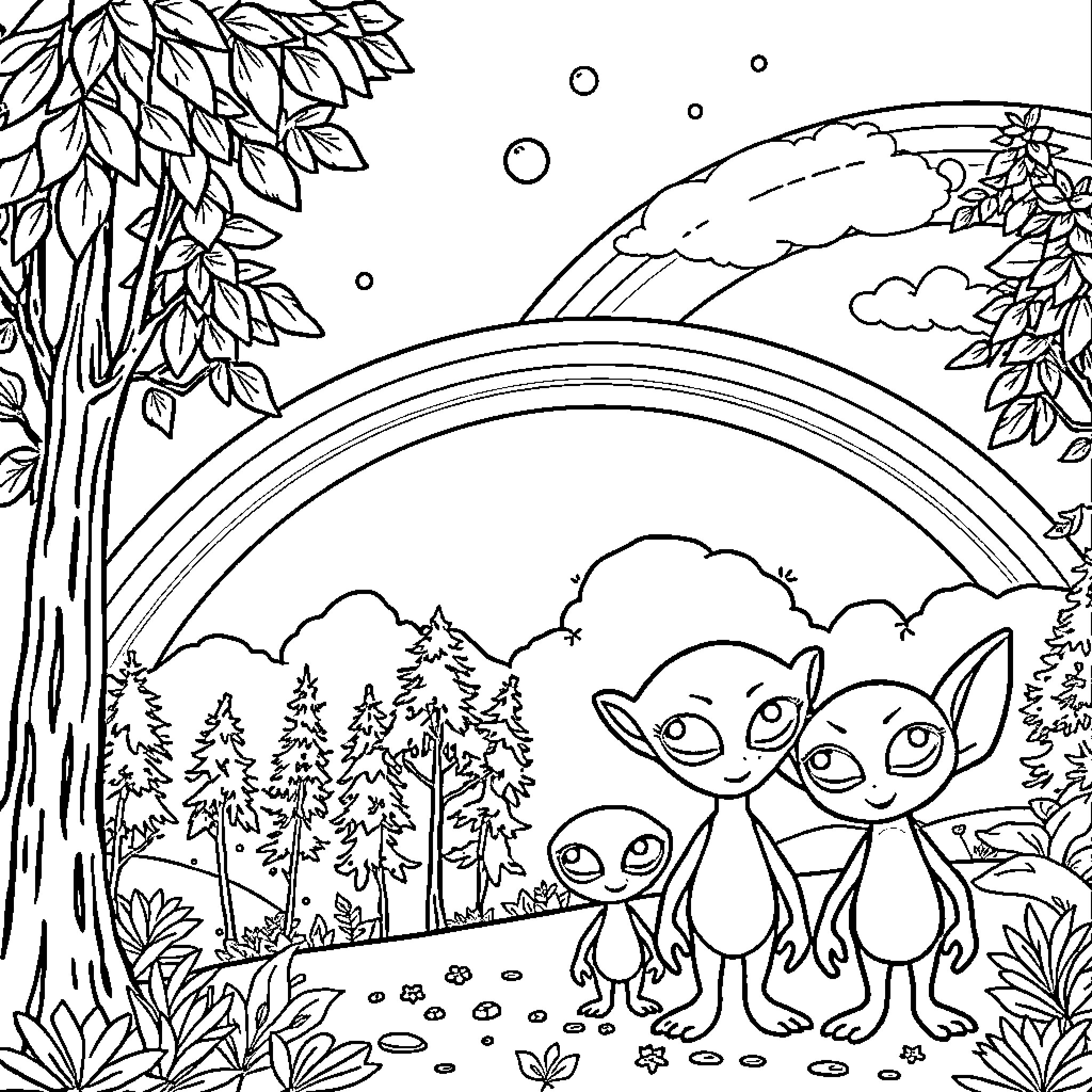 Tree Creatures in a Fantastical Landscape Coloring Page (free black-and-white line drawing printable PDF for all, from beginners to advanced learners, including children, teens, adults, and seniors)