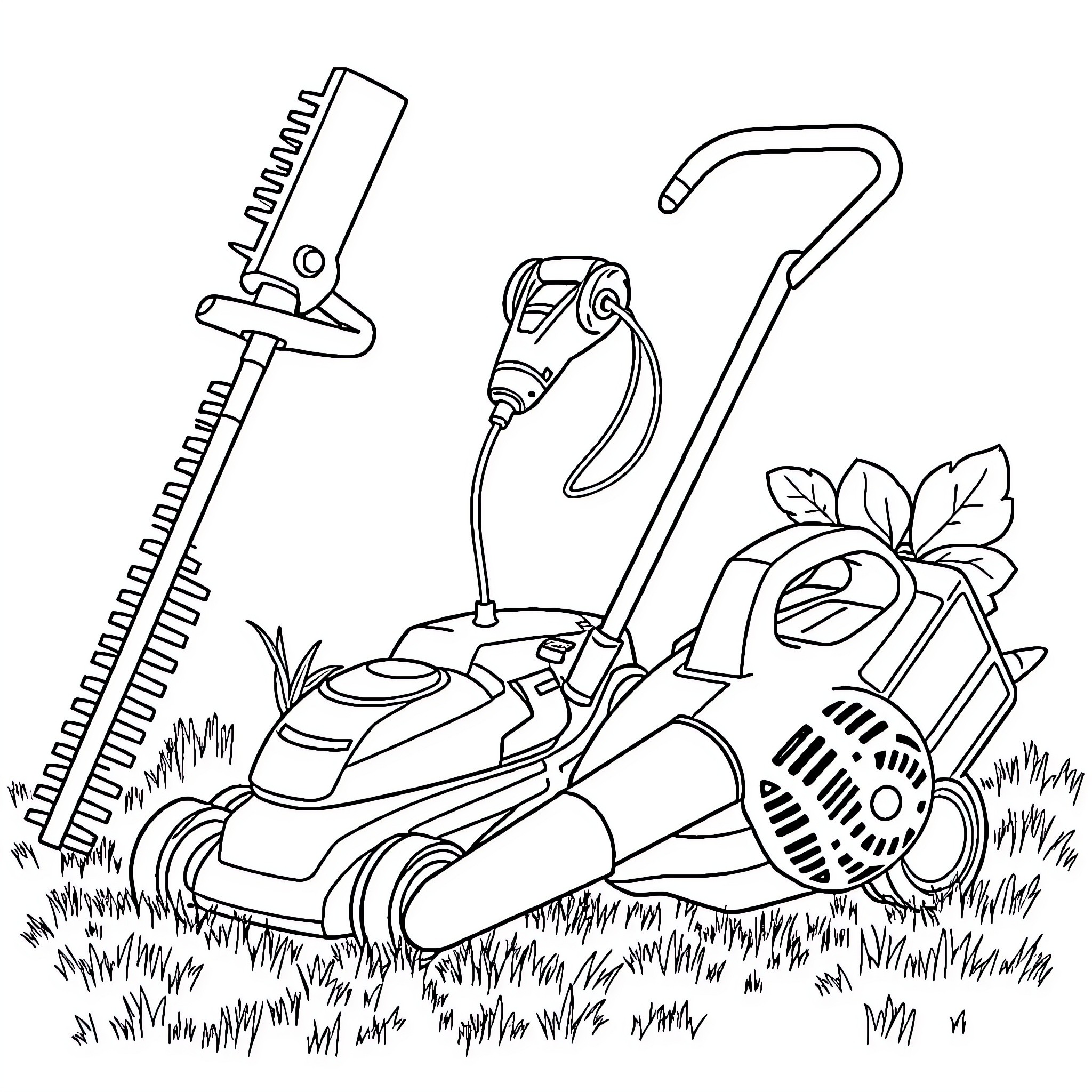 Garden Tool Surrounded by Various Gardening Equipment Coloring Page (free black-and-white line drawing printable PDF for all, from beginners to advanced learners, including children, teens, adults, and seniors)