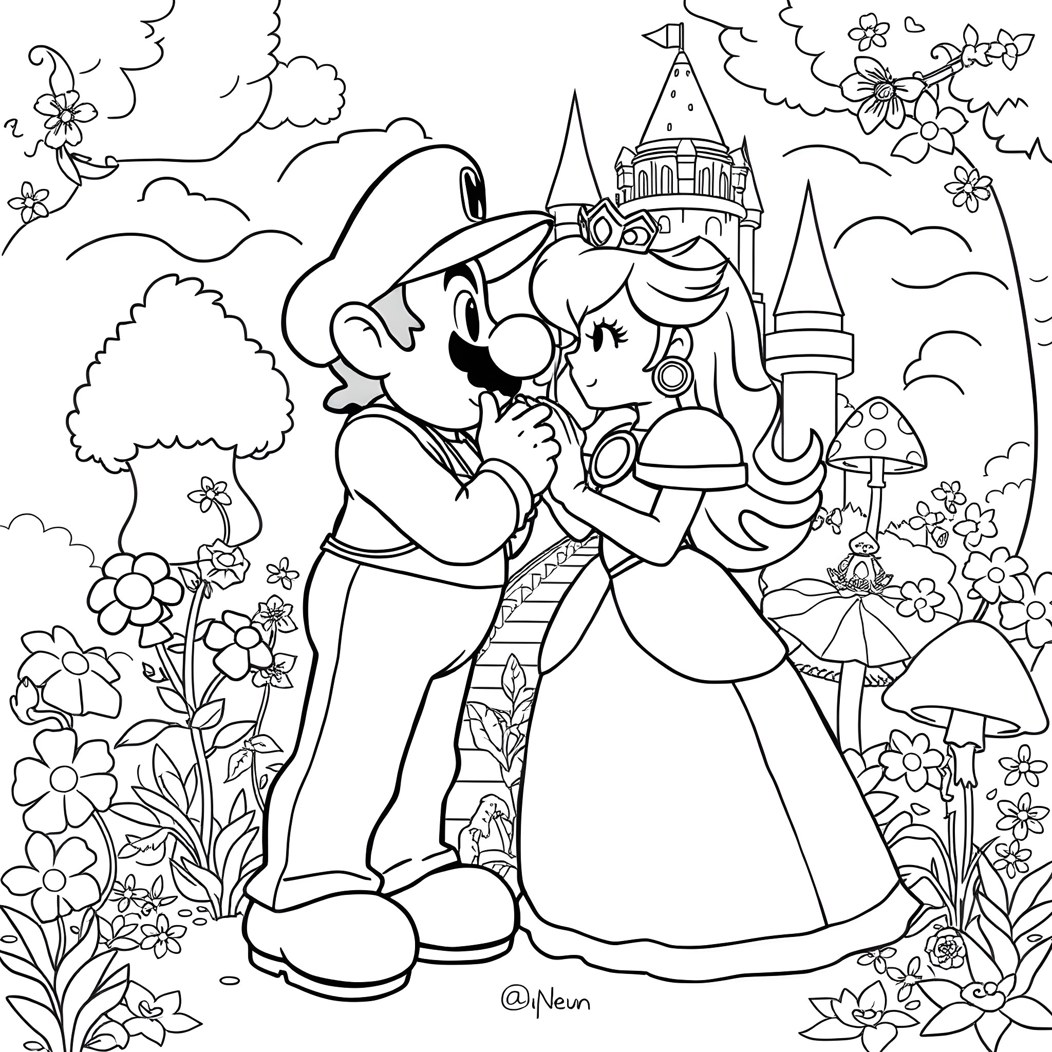 Mario Embracing a Princess in a Fairy Tale Castle Coloring Page (free black-and-white line drawing printable PDF for all, from beginners to advanced learners, including children, teens, adults, and seniors)