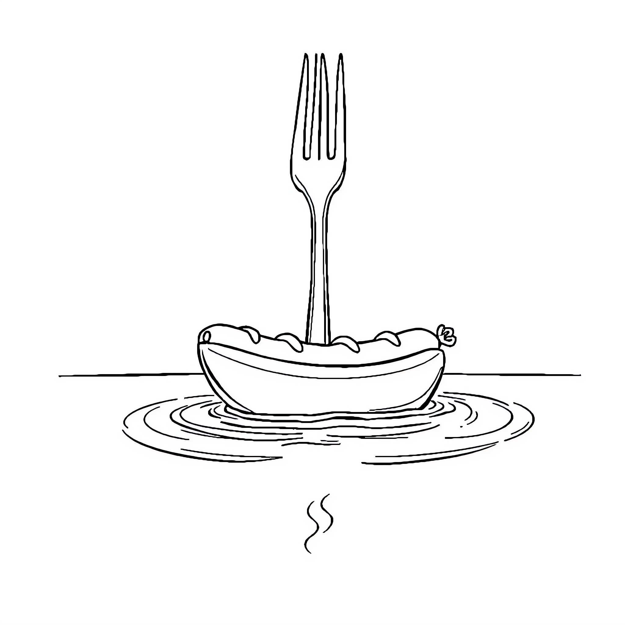 Fork floating on a hot dog in water Coloring Page (free black-and-white line drawing printable PDF for all, from beginners to advanced learners, including children, teens, adults, and seniors)