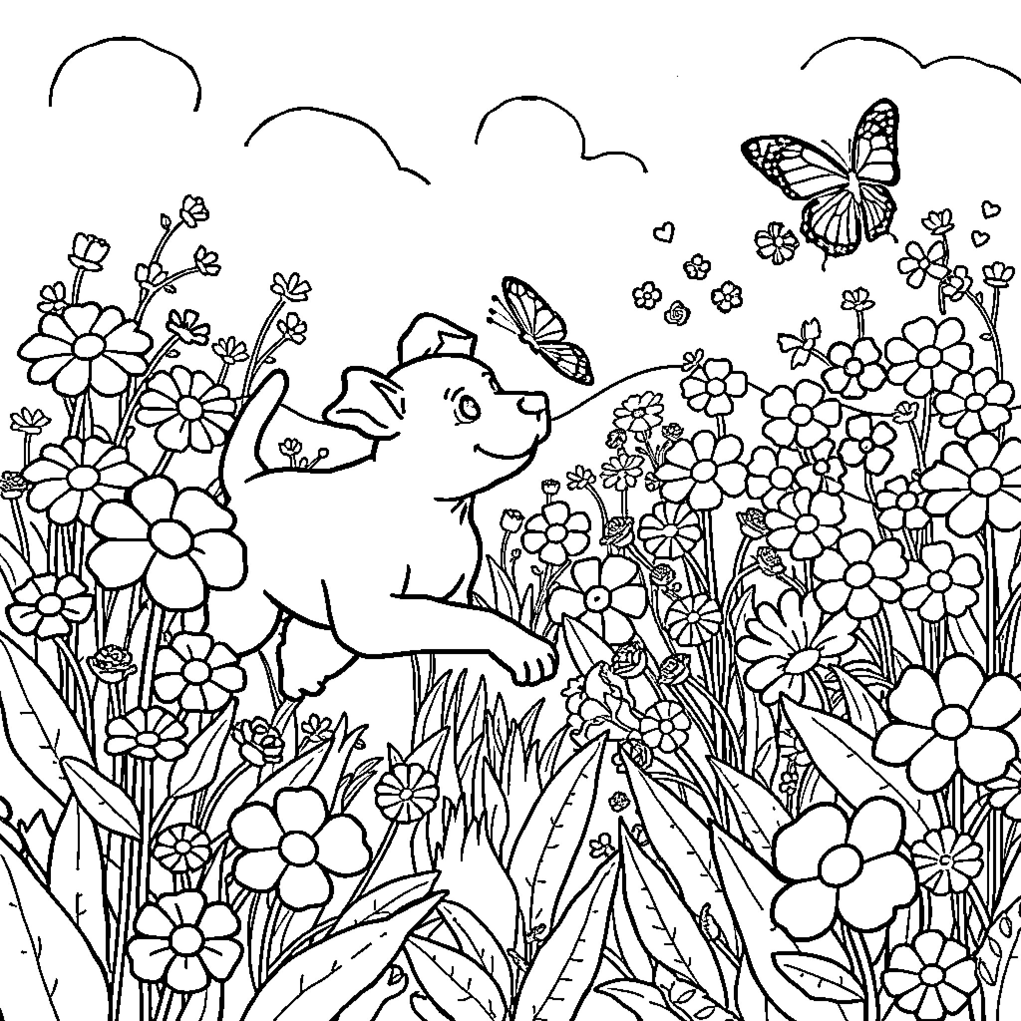 Dog playing in a floral field with butterflies Coloring Page (free black-and-white line drawing printable PDF for all, from beginners to advanced learners, including children, teens, adults, and seniors)
