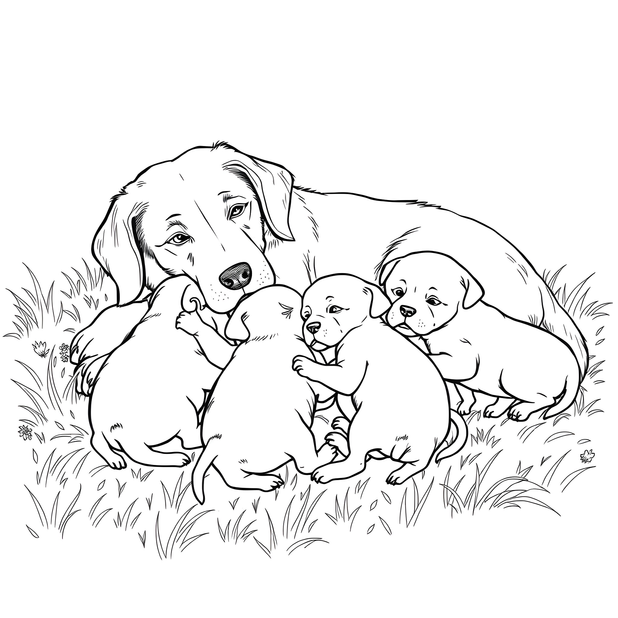 Dog and puppies playing in the grass Coloring Page (free black-and-white line drawing printable PDF for all, from beginners to advanced learners, including children, teens, adults, and seniors)