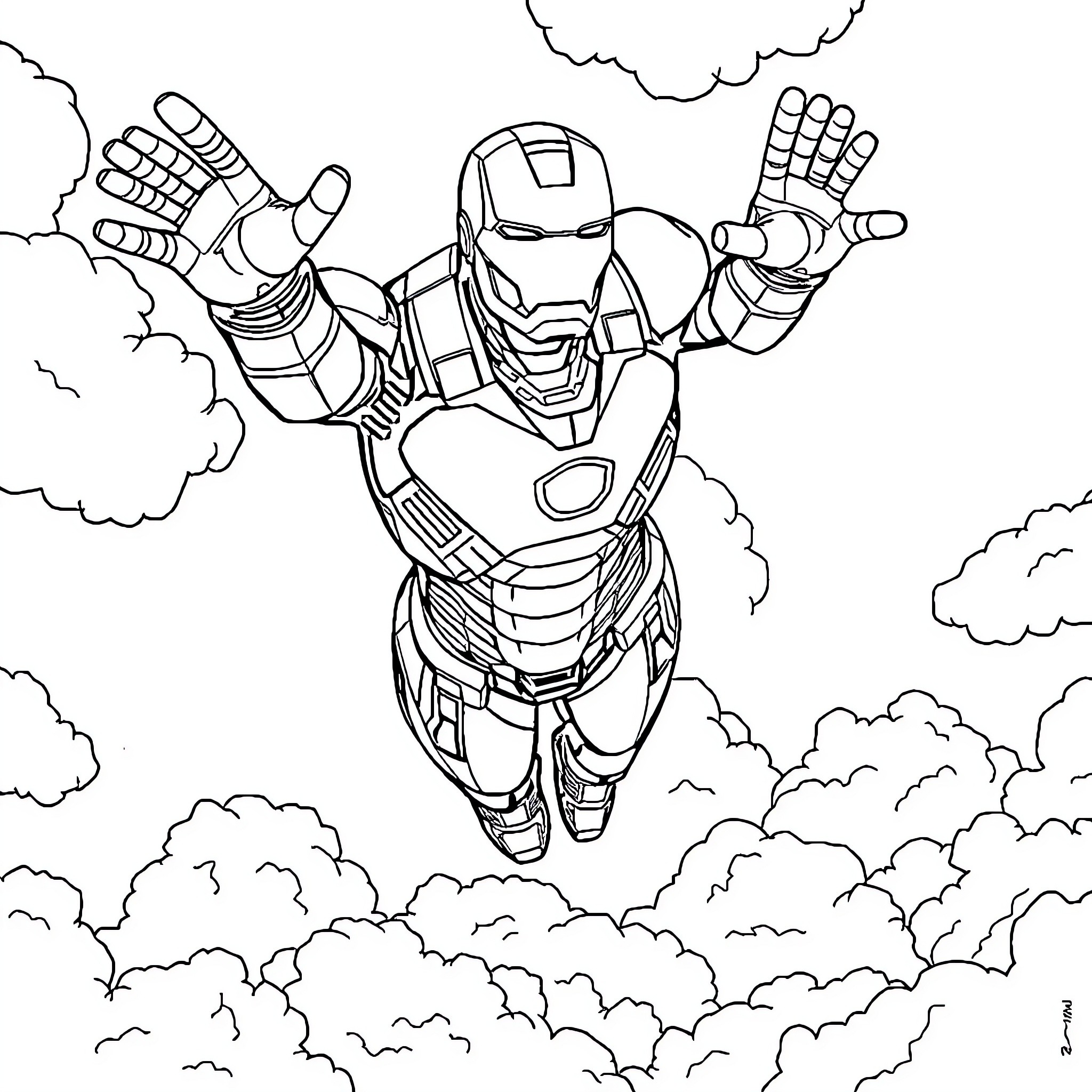 Ironman in heroic action amidst clouds Coloring Page (free black-and-white line drawing printable PDF for all, from beginners to advanced learners, including children, teens, adults, and seniors)